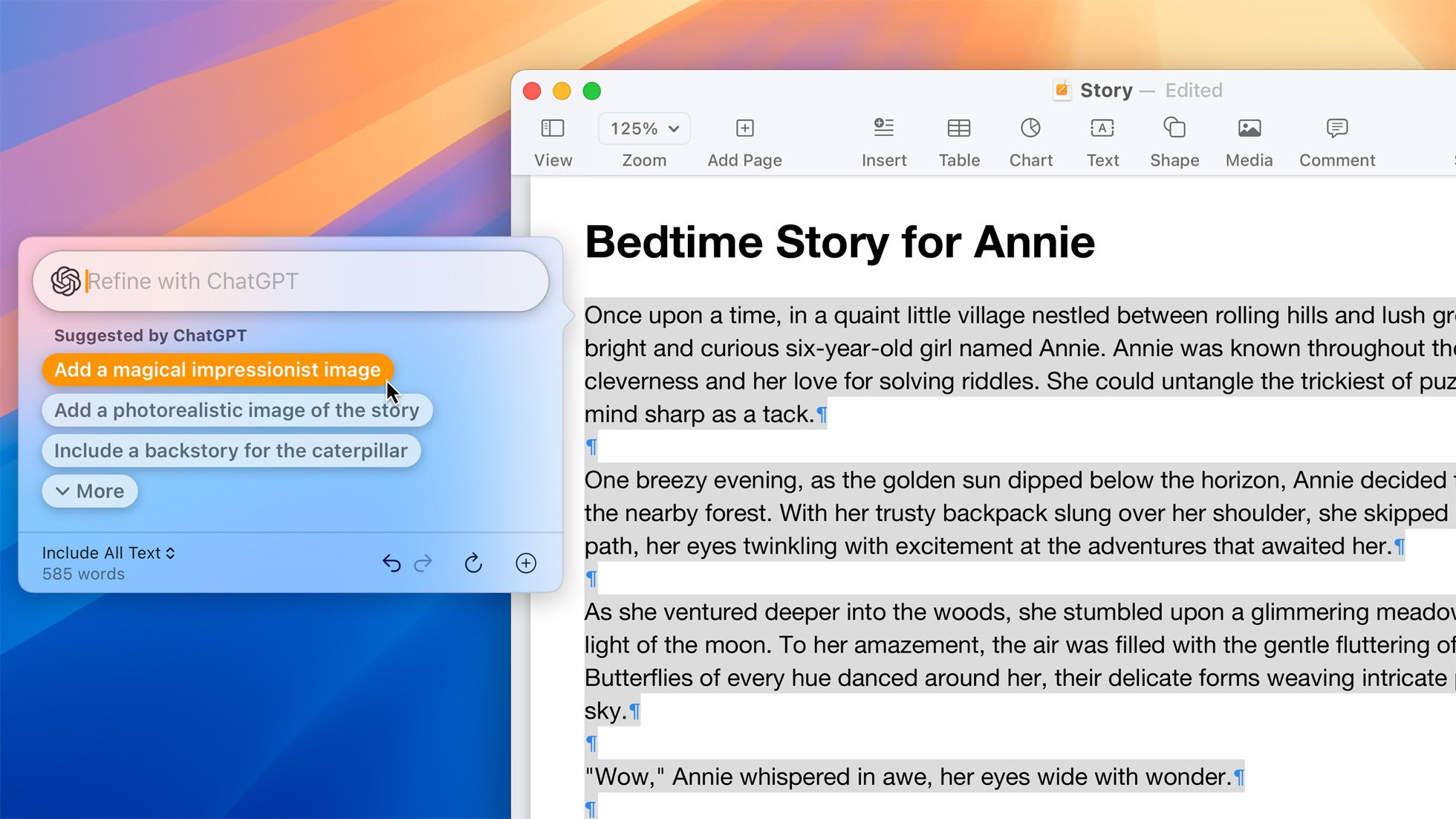 ChatGPT being used to write a bedtime story on macOS Sequoia