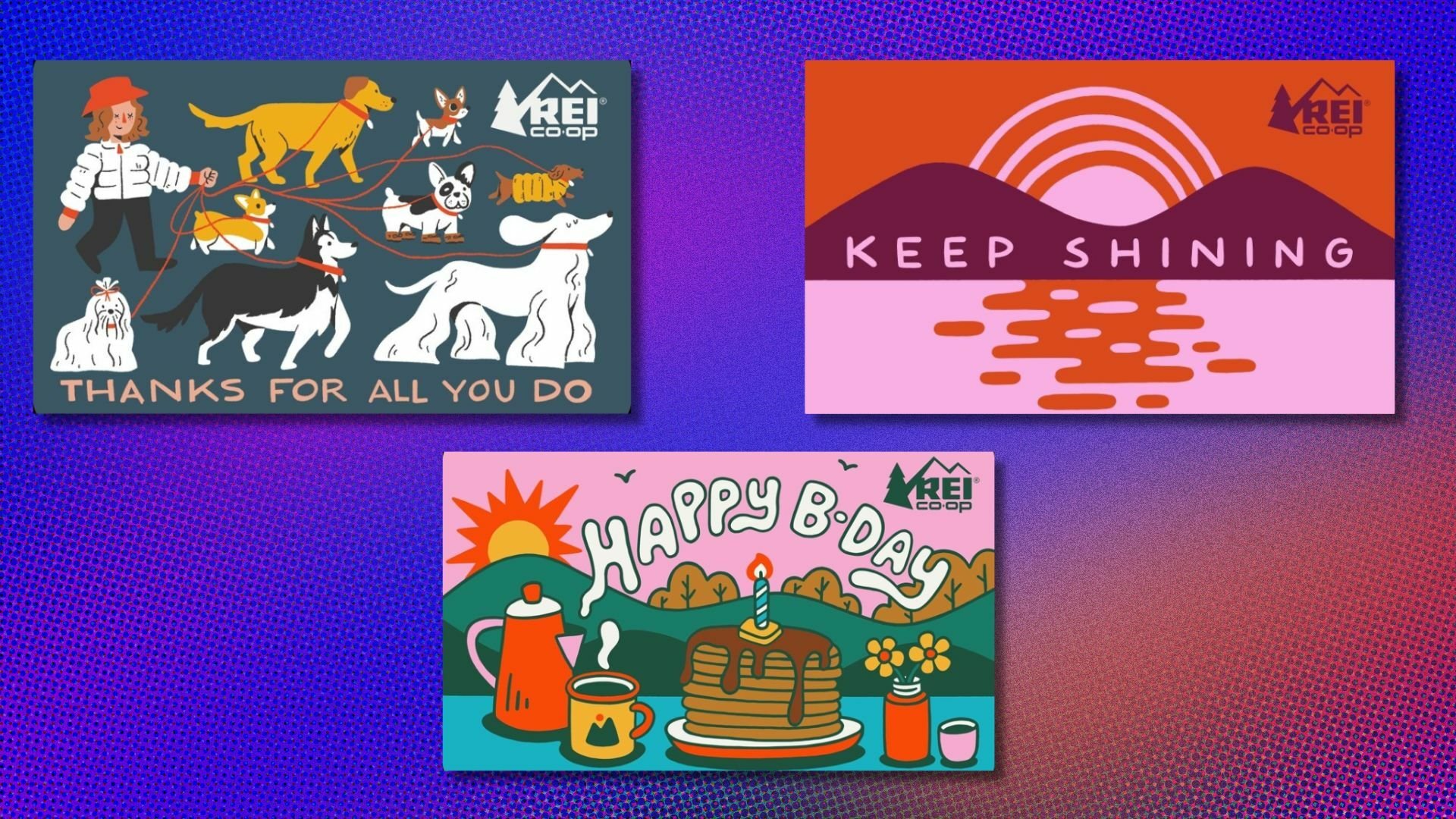 three REI gift cards arranged on a blue and purple background