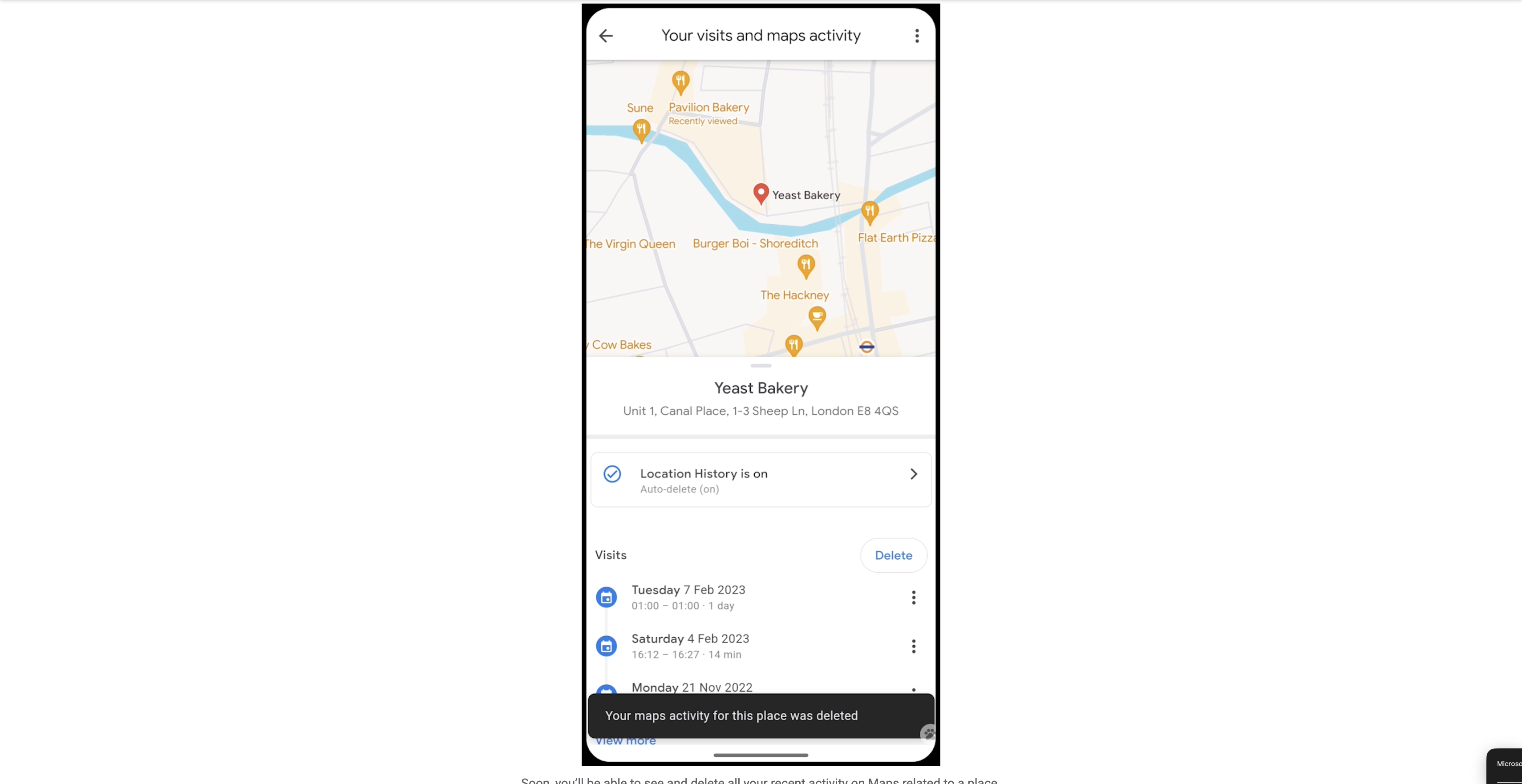 Google's Timeline feature UI on a phone