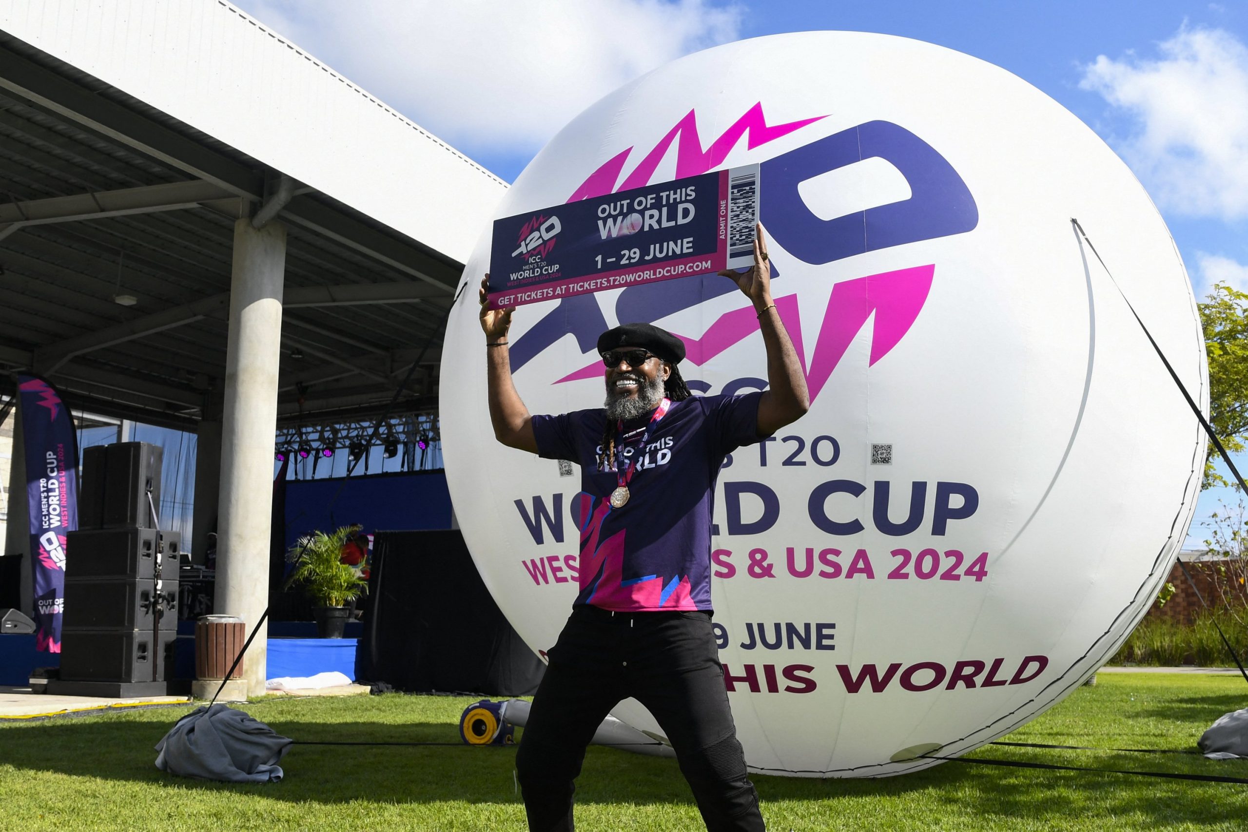 Chris Gayle of the West Indies poses at the launch of 100 days to go