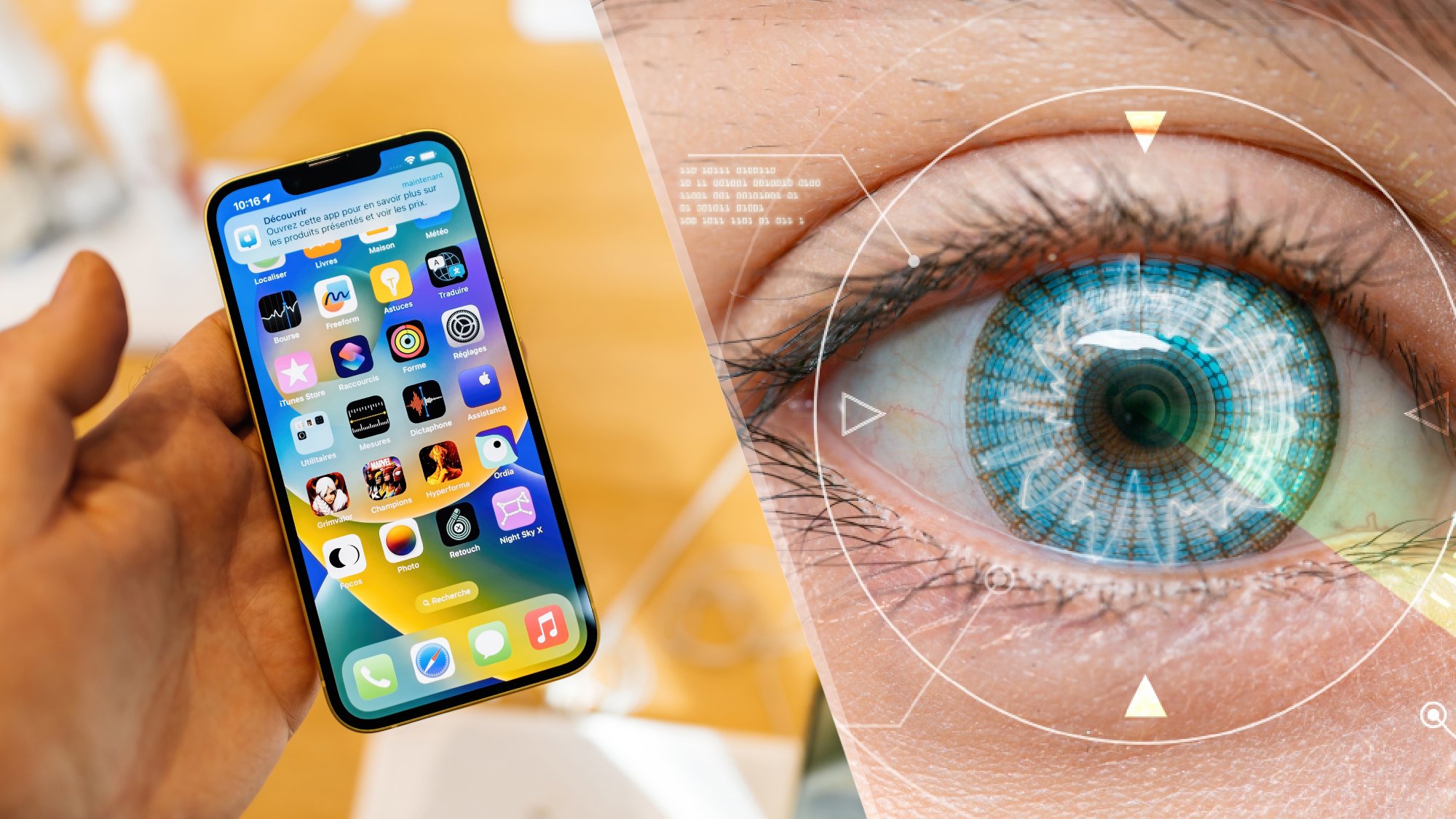 side-by-side photo of an iPhone and an eye