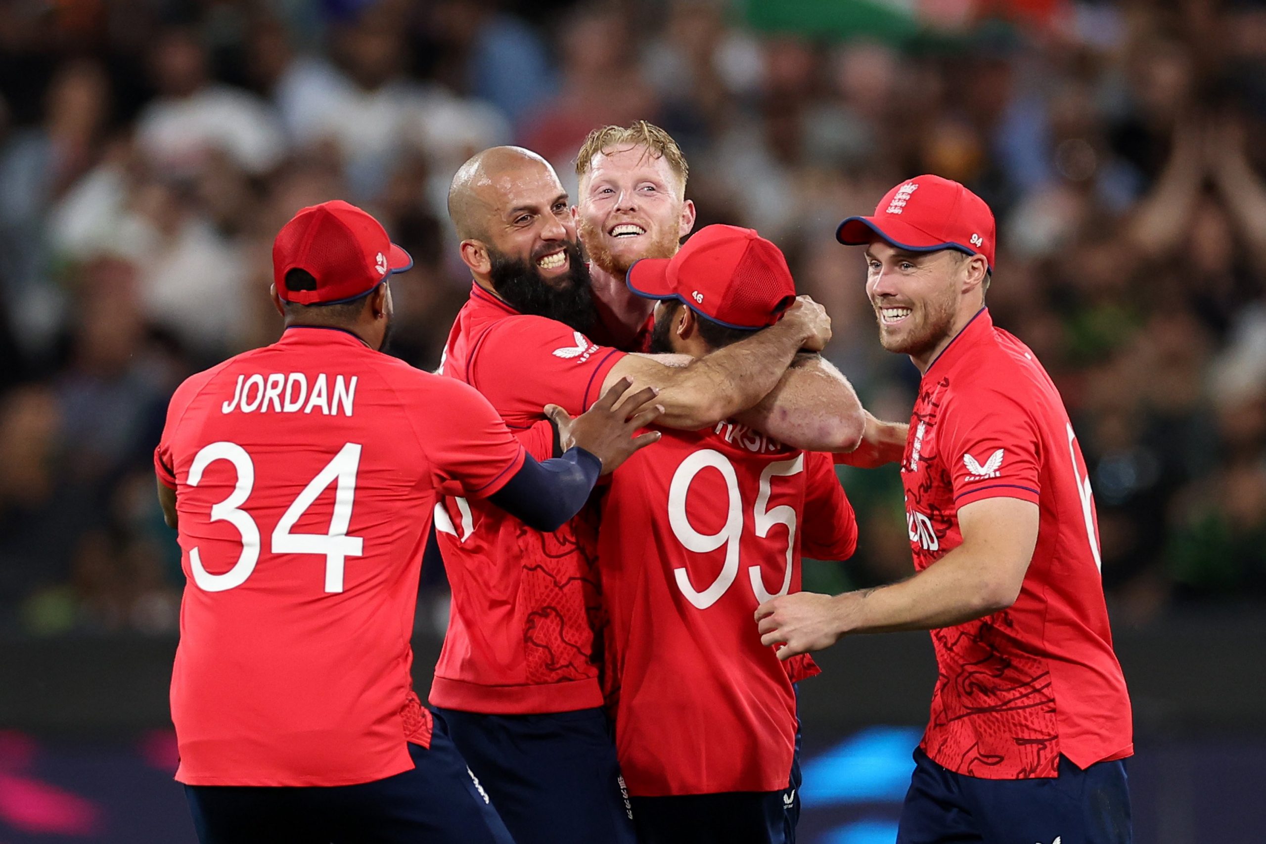 Chris Jordan, Moeen Ali, Ben Stokes, Adil Rashid and Phil Salt of England celebrate victory