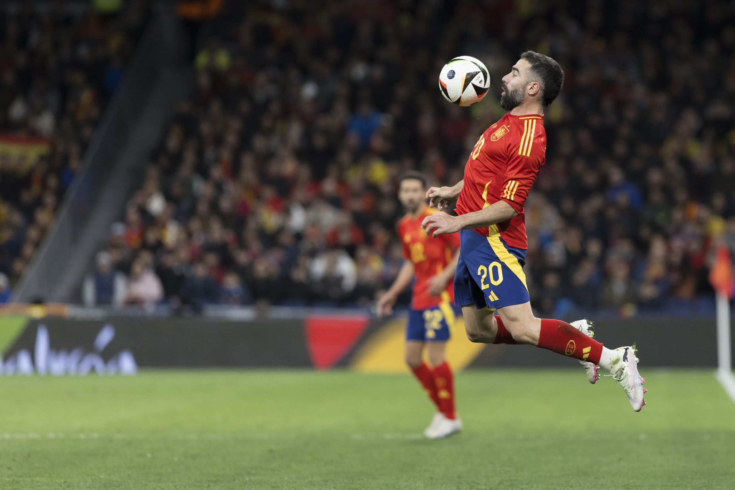 Daniel Carvajal of Spain is controlling the ball