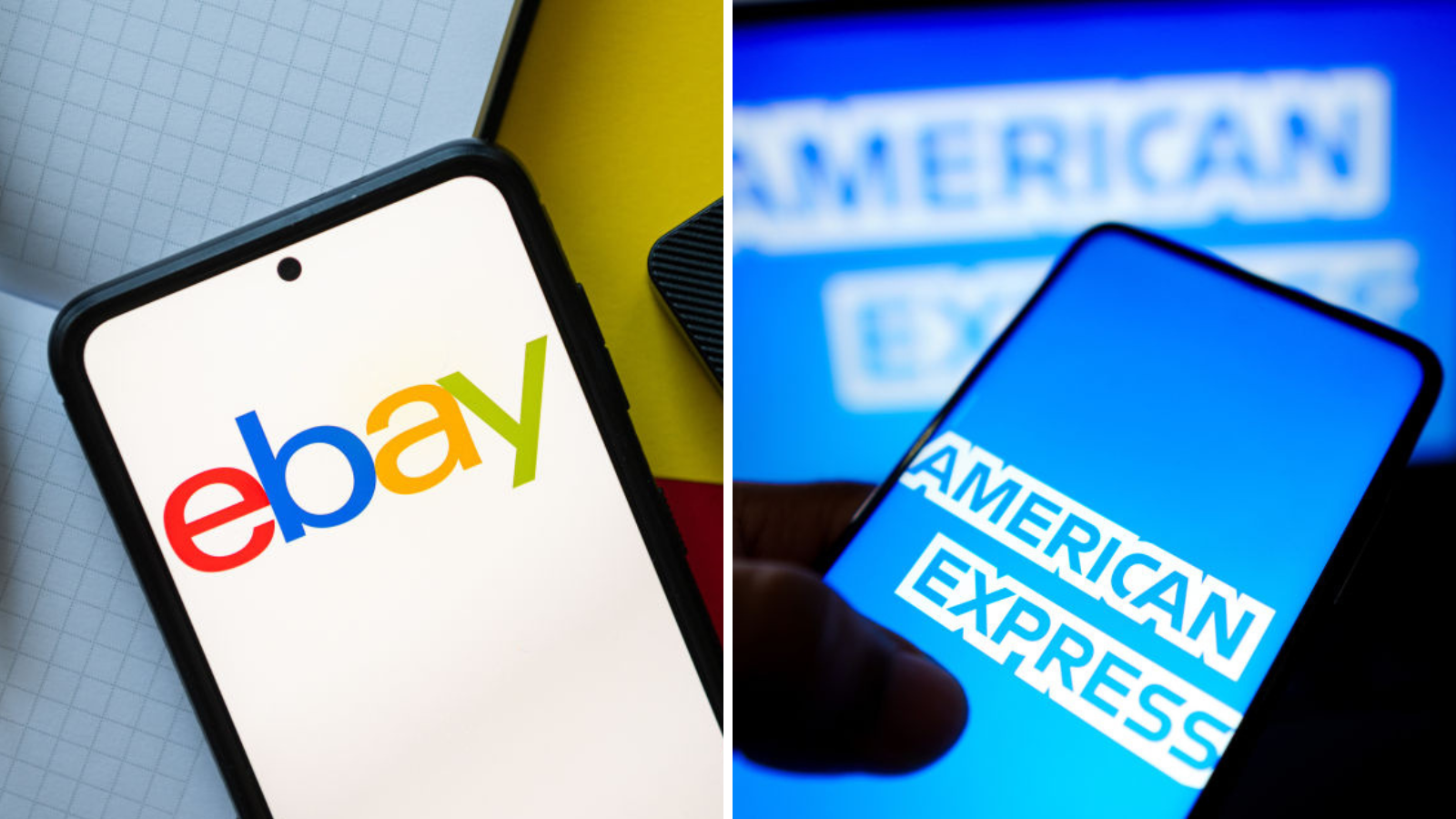 A composite of two images side by side. One shows the eBay logo on a smartphone, the other shows the American Express logo on another smartphone.