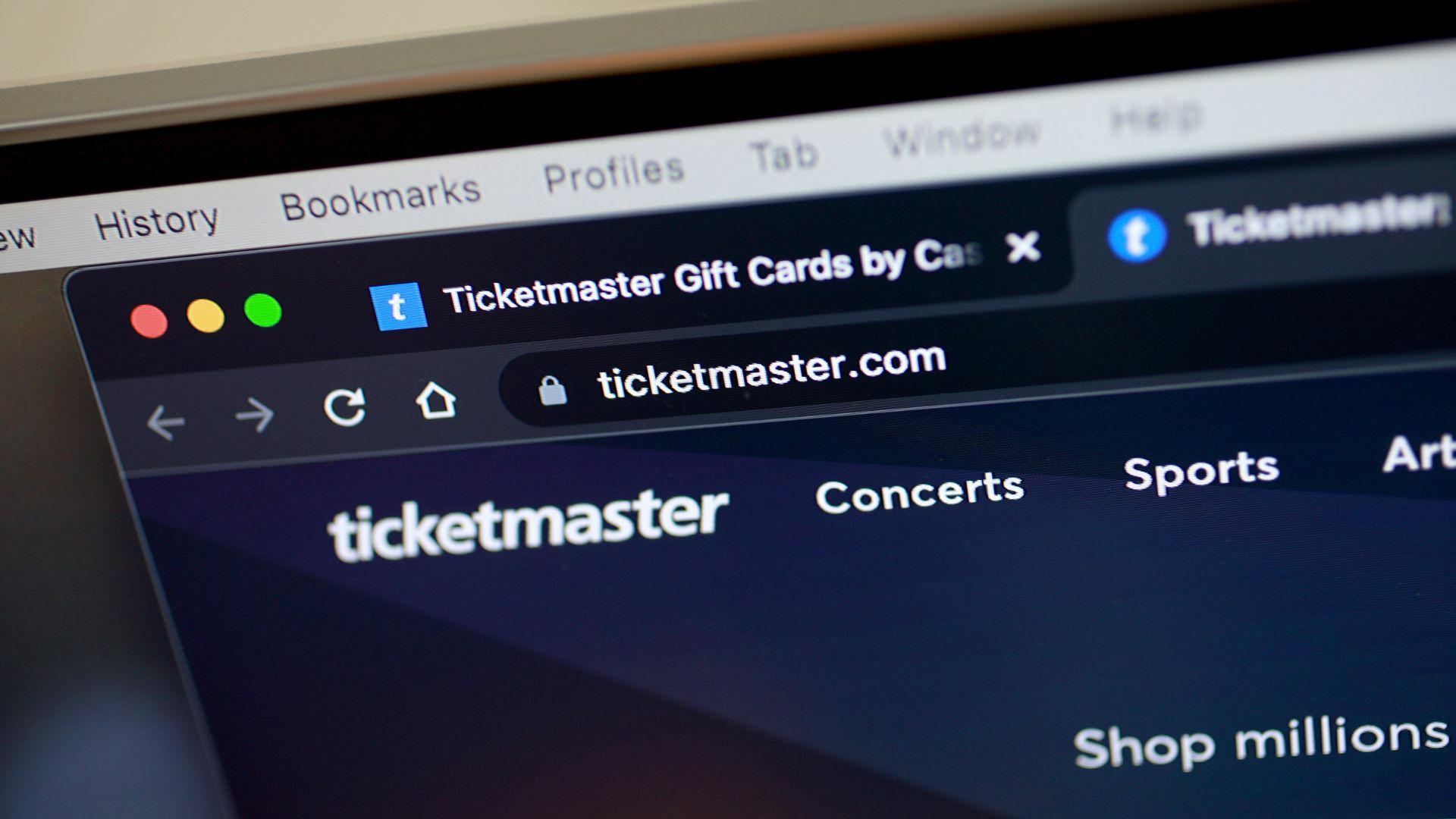 The Ticketmaster website is shown on a computer screen.