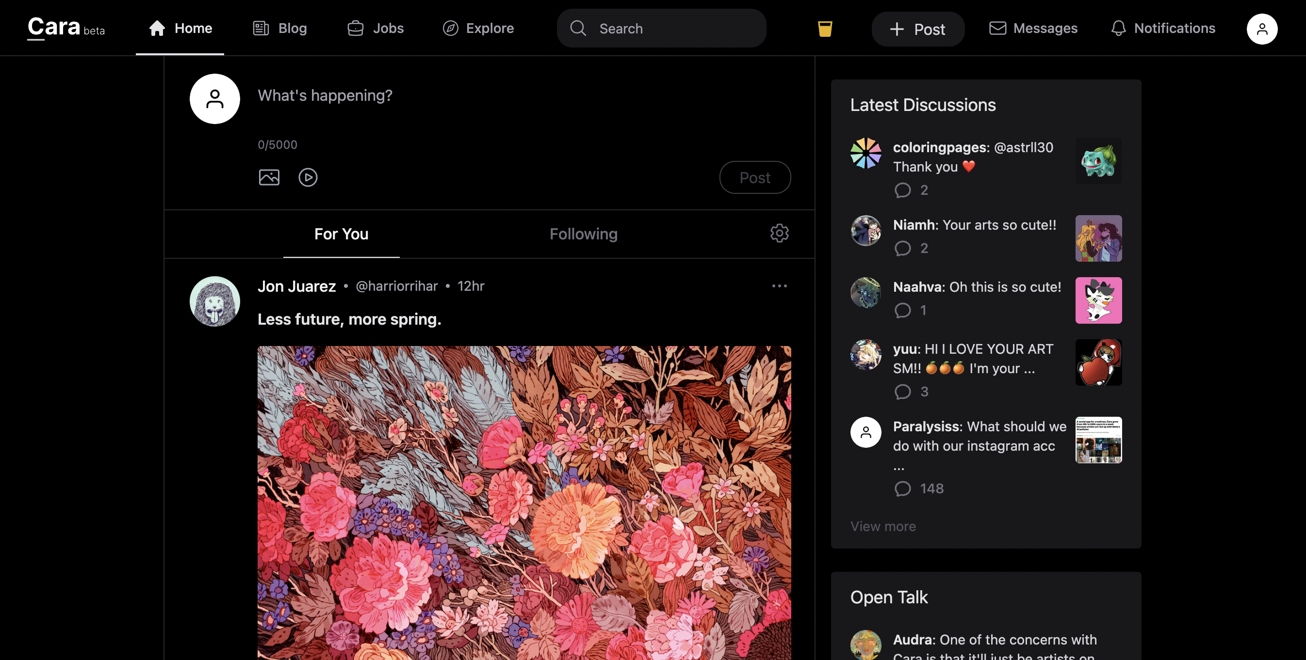 A screenshot of Cara, the new social media app for artists