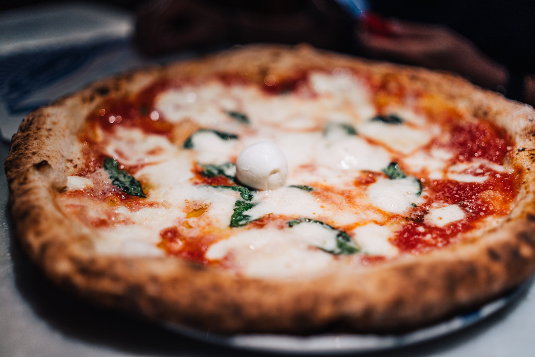 close-up view of traditional Neapolitan Margherita pizza