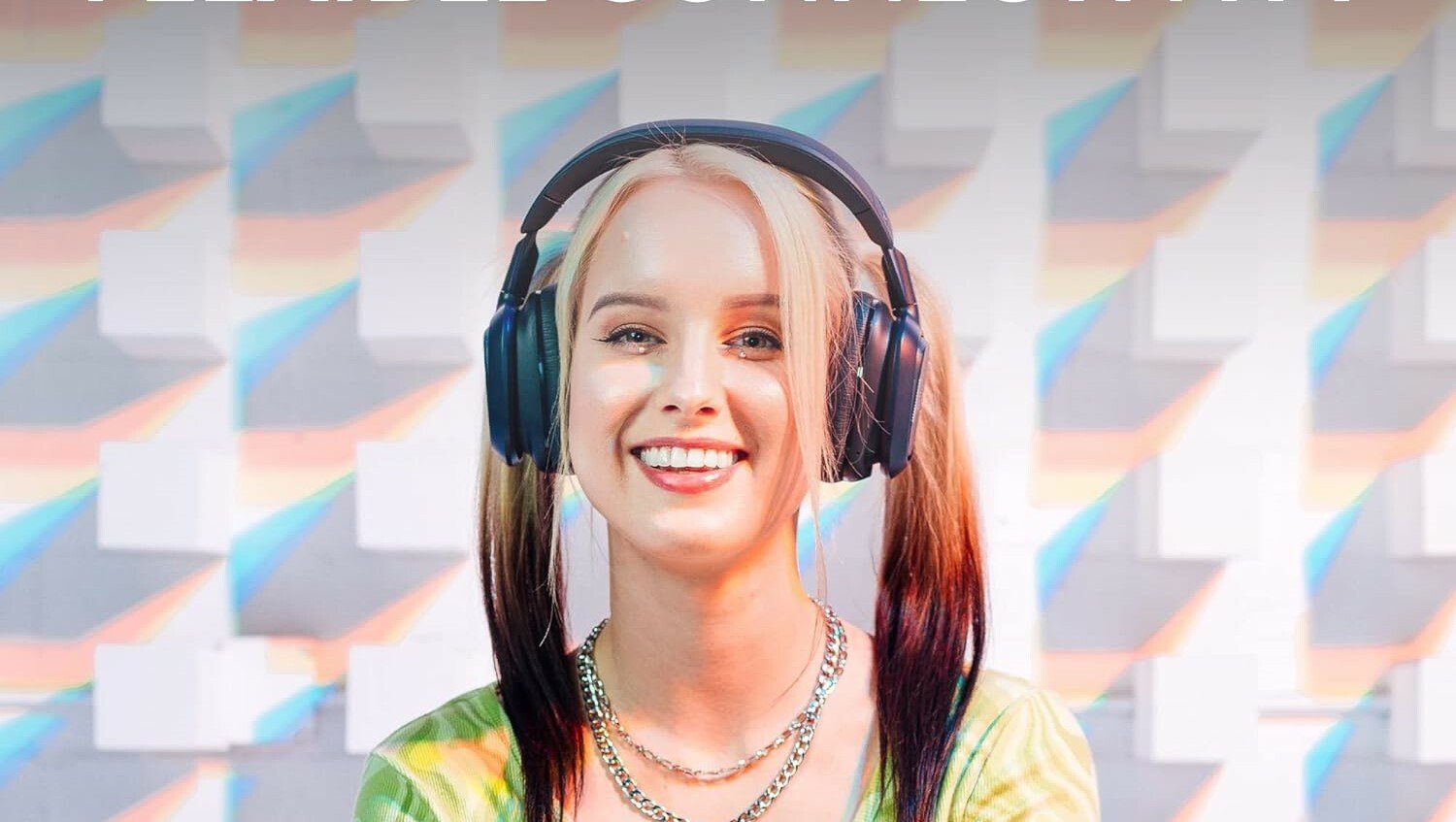 young smiling woman with blonde pigtails wears a logitech gaming headset