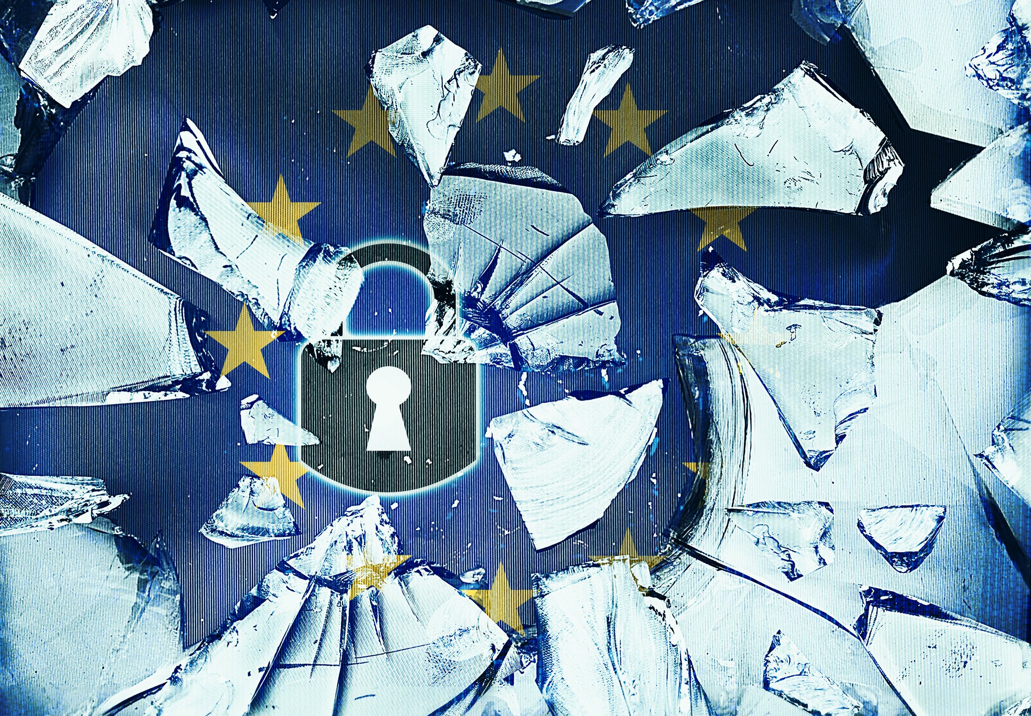 Shattered glass with padlock icon and EU flag