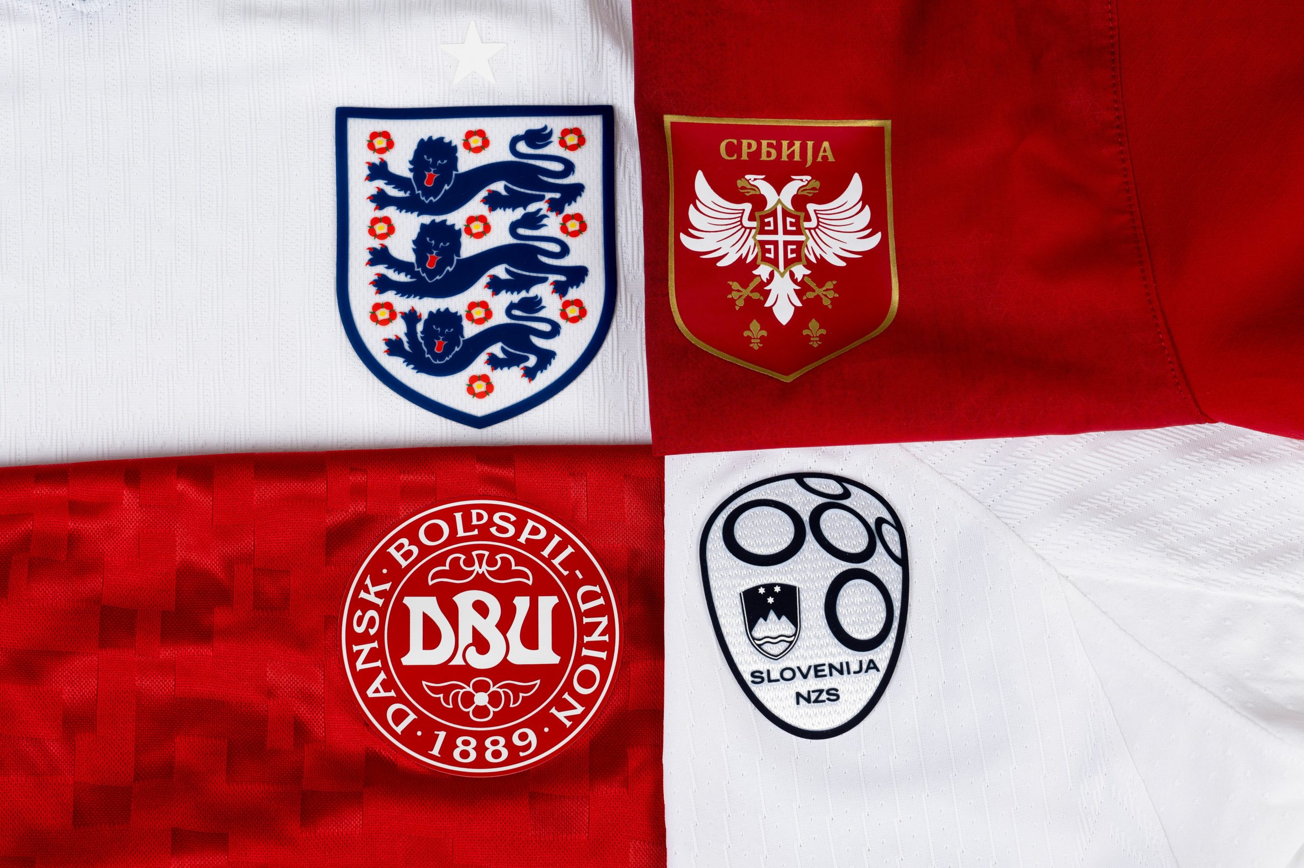 A detailed view of the badge of England, Serbia, Denmark and Slovenia