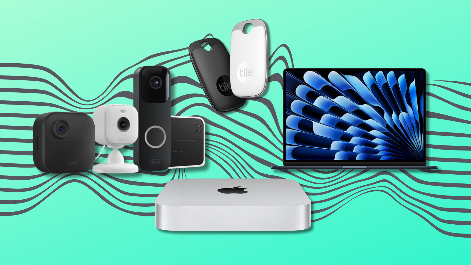 Blink security bundle, MacBook Air, Mac Mini, and two Tile Pros with teal background