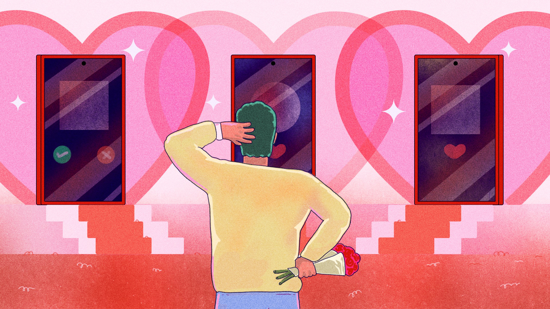 illustration of man looking at dating app screens