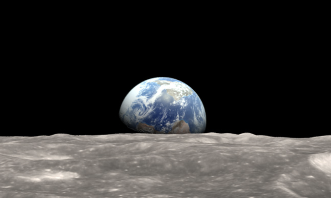 Earth as seen from the moon's orbit during the Apollo 8 mission in 1968, with updated color based on lunar and Earth observations.