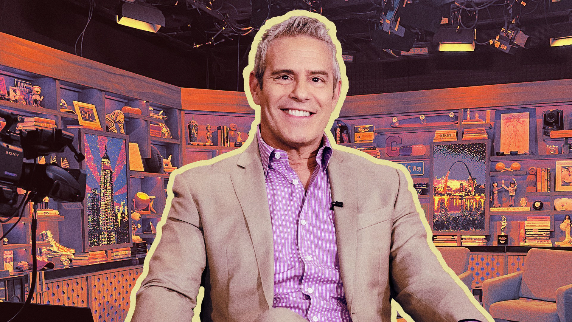 image of andy cohen in front of illustration of clubhouse