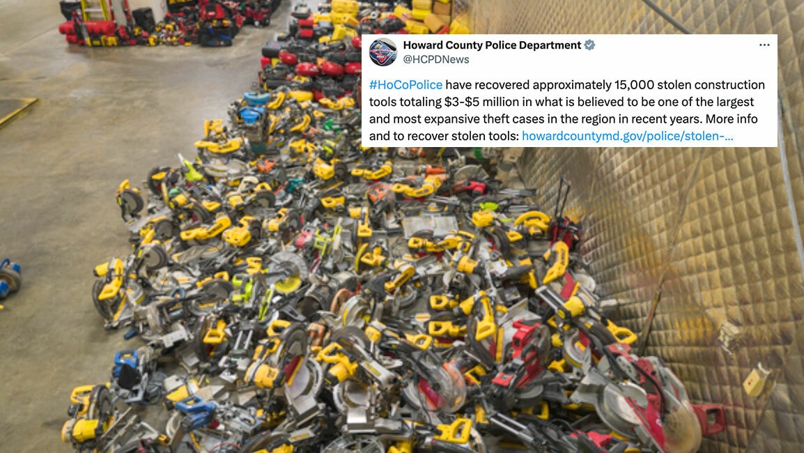 A warehouse filled with power tools. In the top-right of the image is a screenshot of a post from X (formerly Twitter).