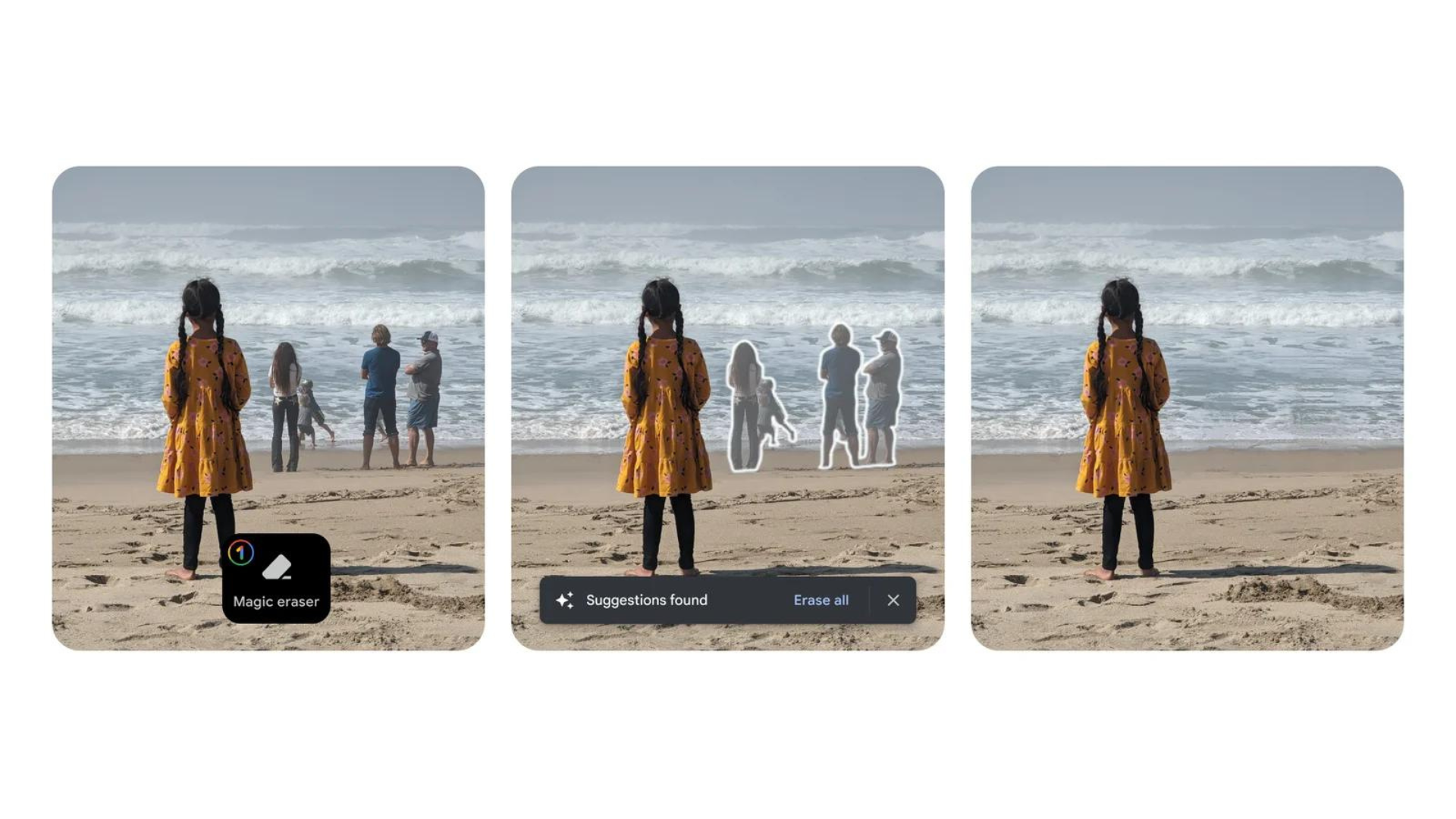 Three versions of a photo, showing the slow erasure of people in the background.