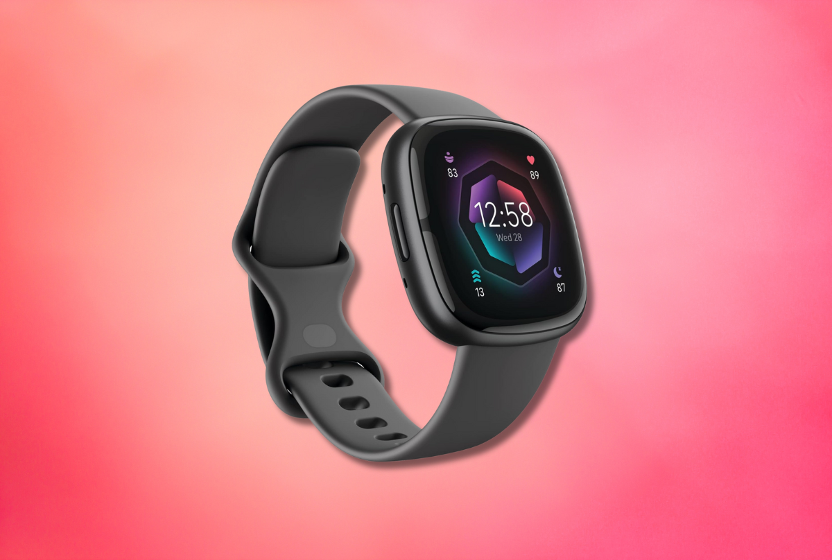 Fitbit sense 2 against a pink background 