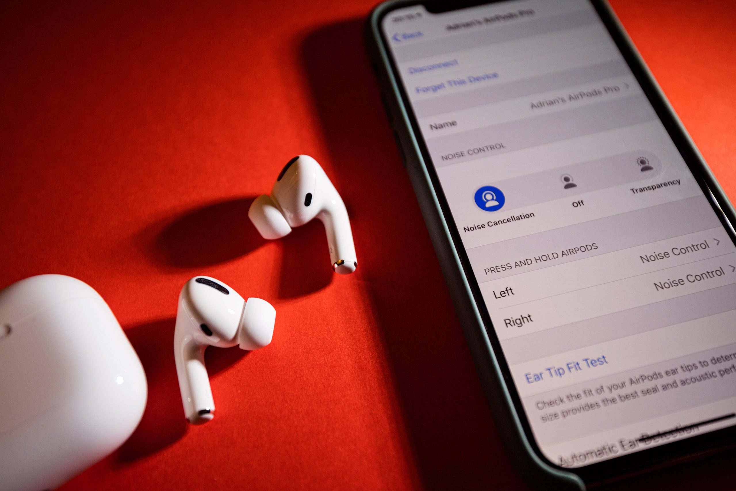 AirPods Pro headphones with Active Noise Cancellation for immersive sound turned on on the iphone 11 Pro smartphone