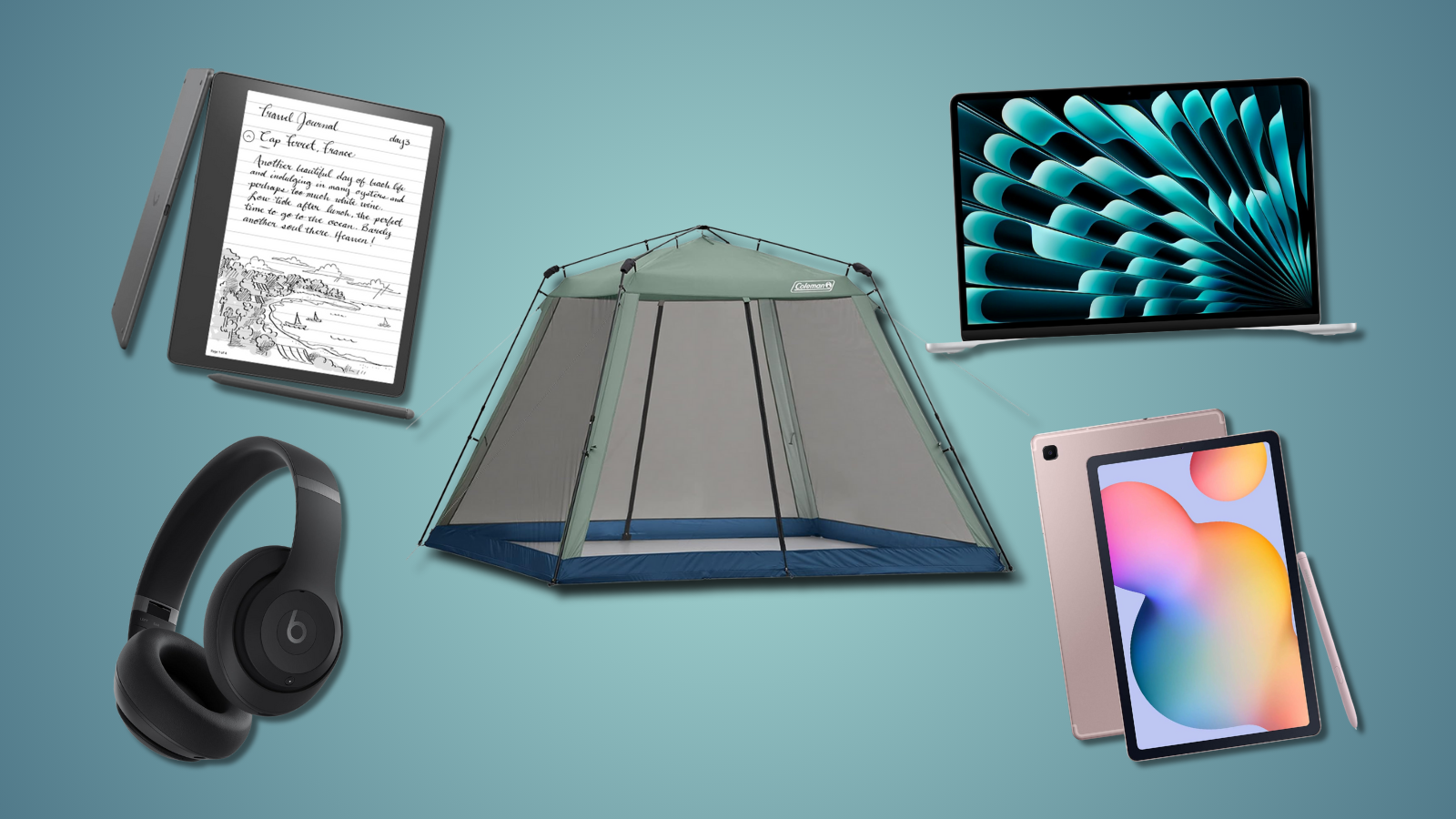 Coleman tent surrounded by Beats headphones, Samsung Galaxy Tab, MacBook Air, and Kindle Scribe with teal background