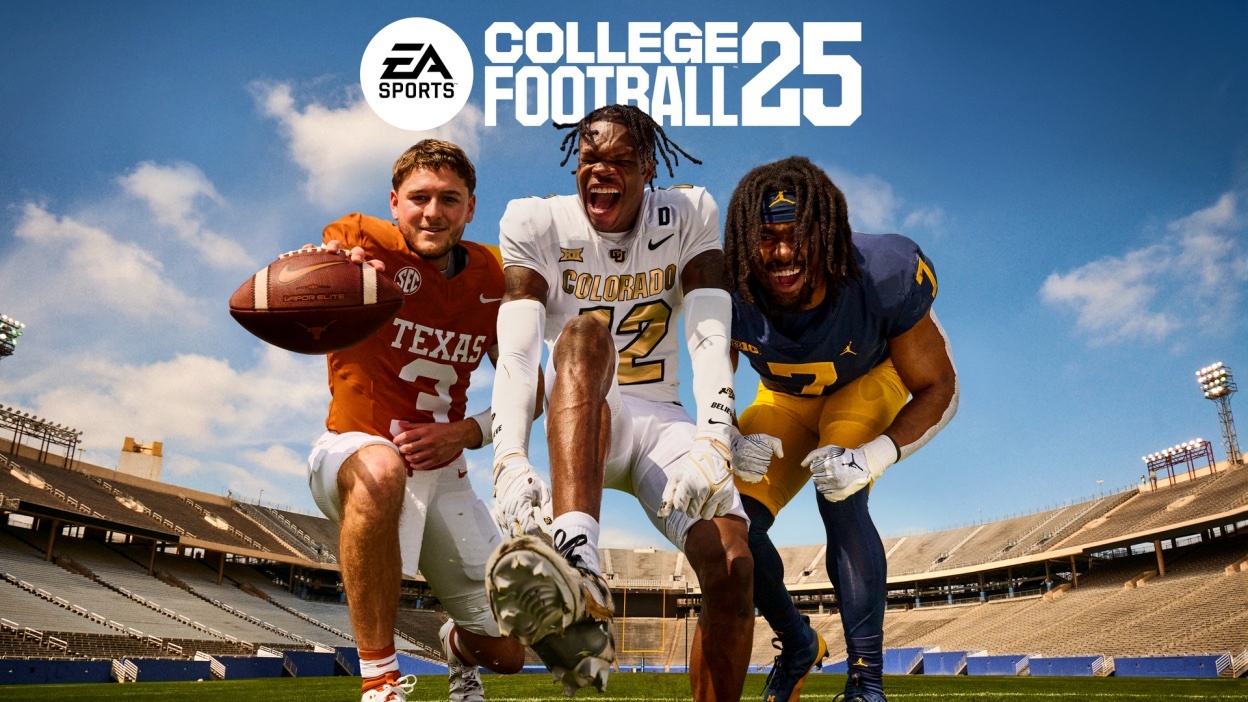 college football players on field with name of the video game College Football '25