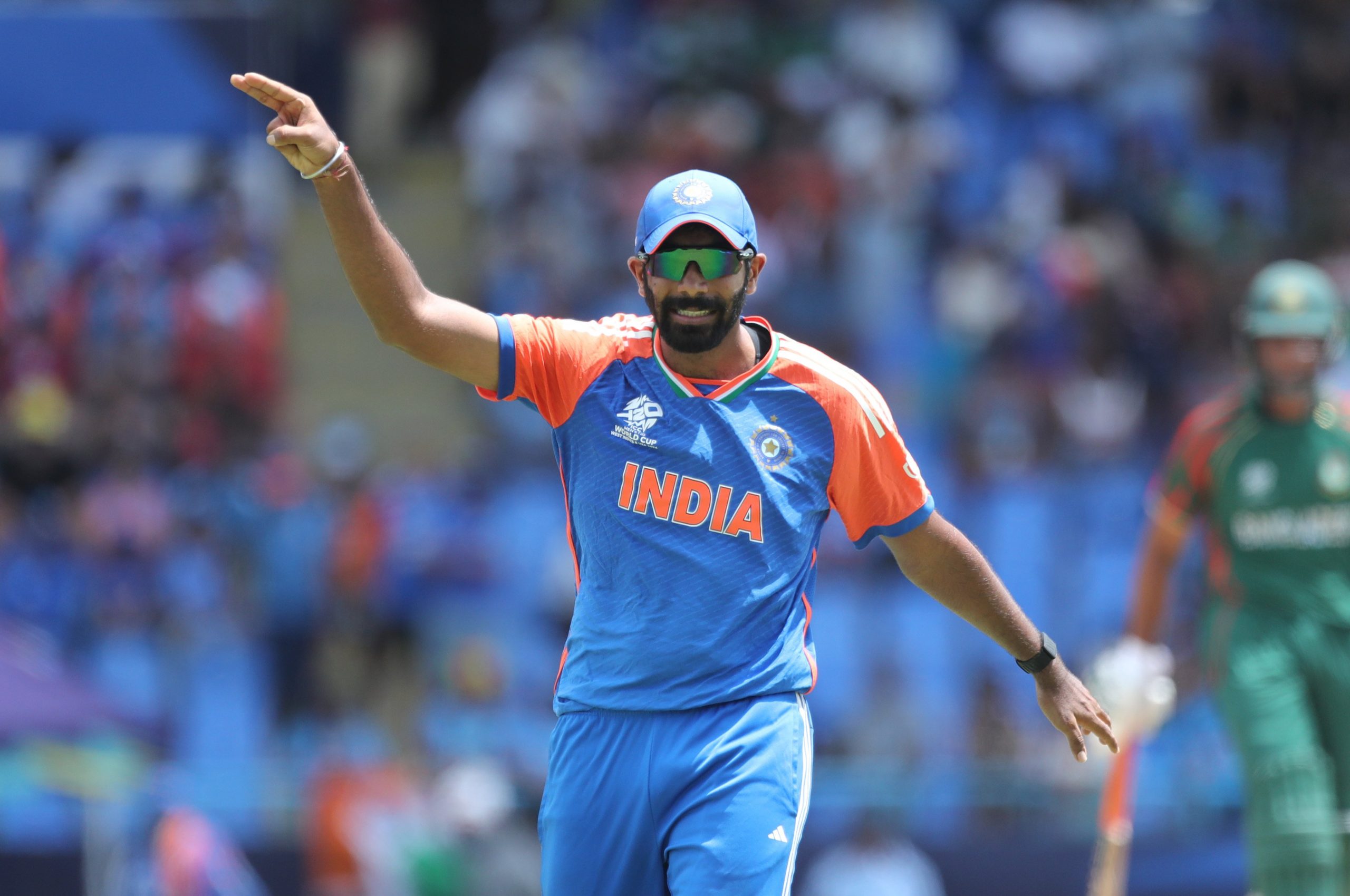 Jasprit Bumrah of India reacts