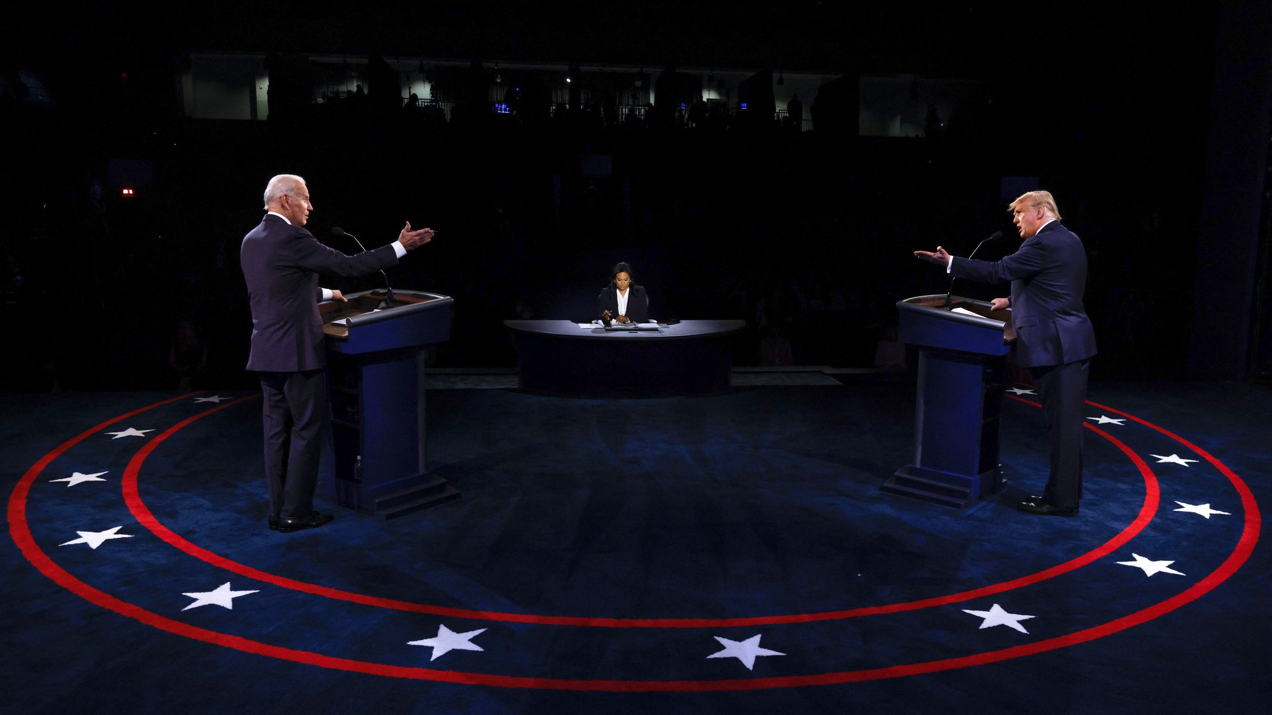 Donald Trump, Joe Biden and Kristen Welker participate in the final presidential debate on October 22, 2020