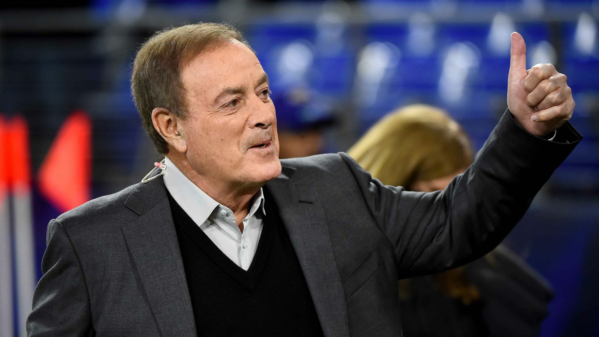 Television broadcaster Al Michaels looks on prior to the game between the Baltimore Ravens and the New England Patriots at M&T Bank Stadium.