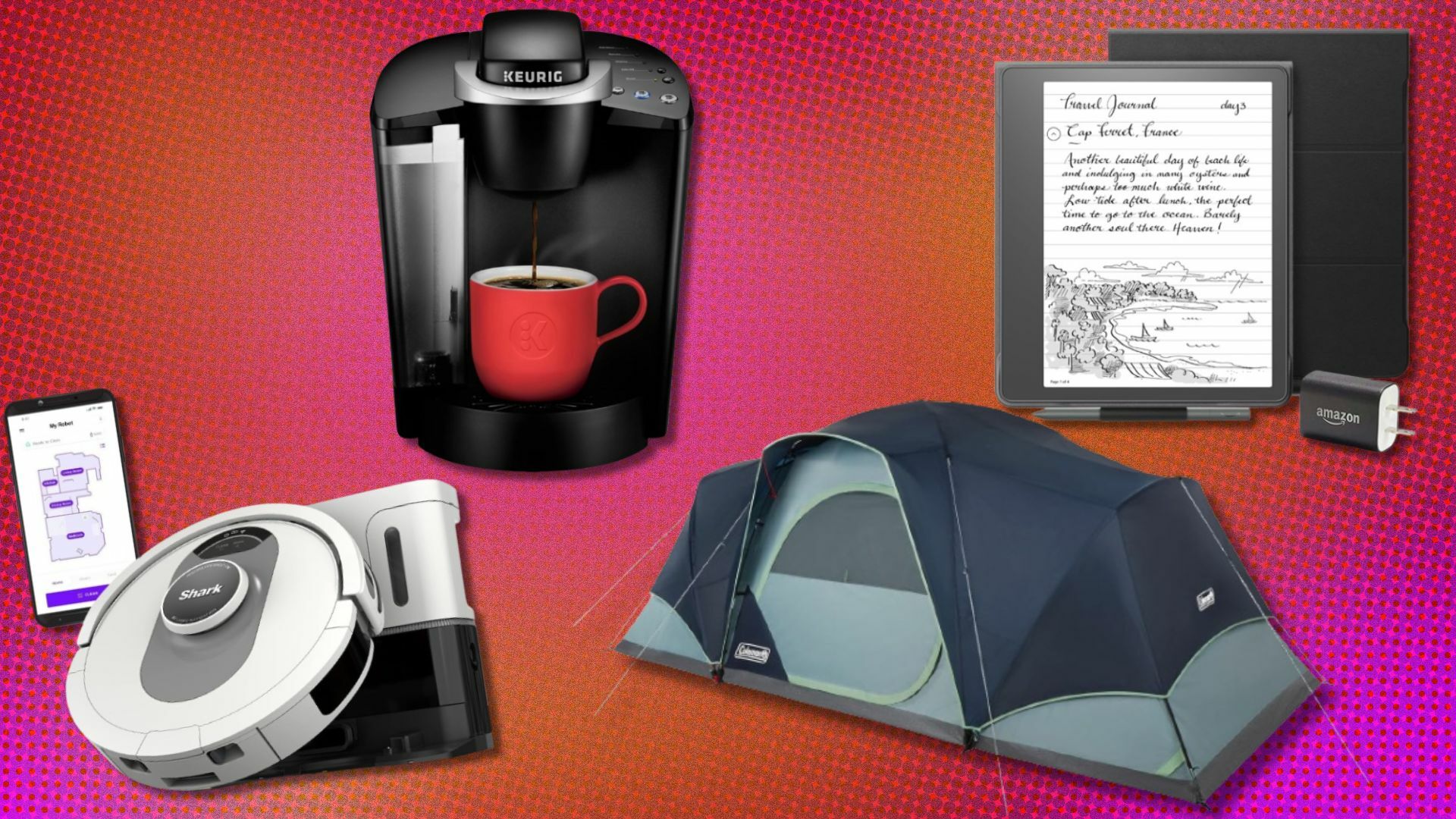 a robot vacuum, coffee maker, tent, and kindle sit on a pink and orange background