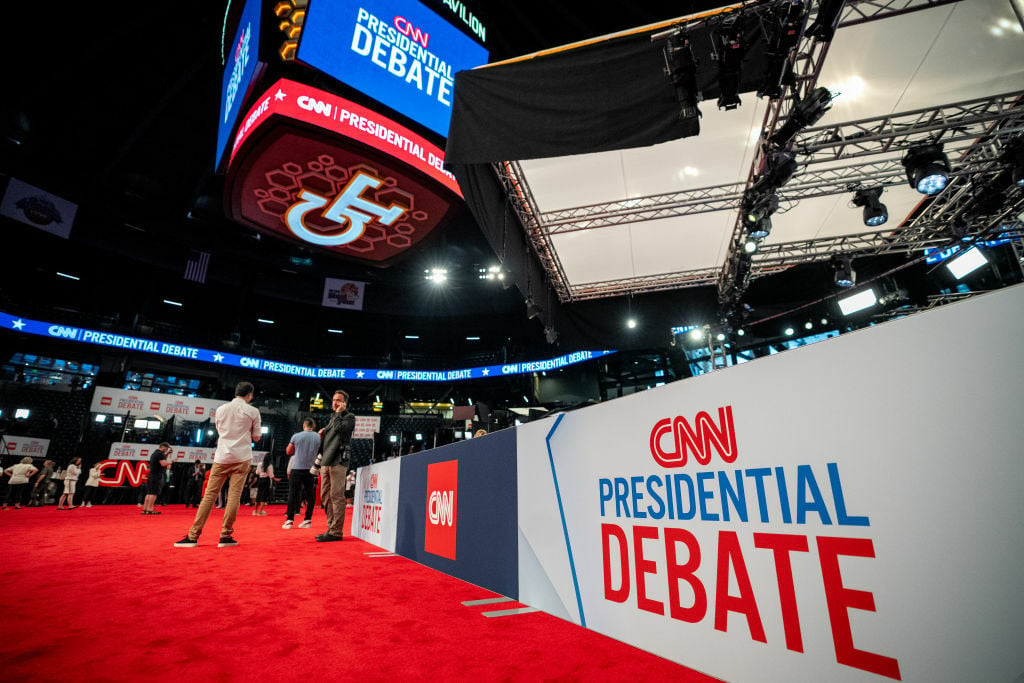 People mingle in the CNN Spin Room ahead of a CNN Presidential Debate on June 27, 2024 in Atlanta, Georgia