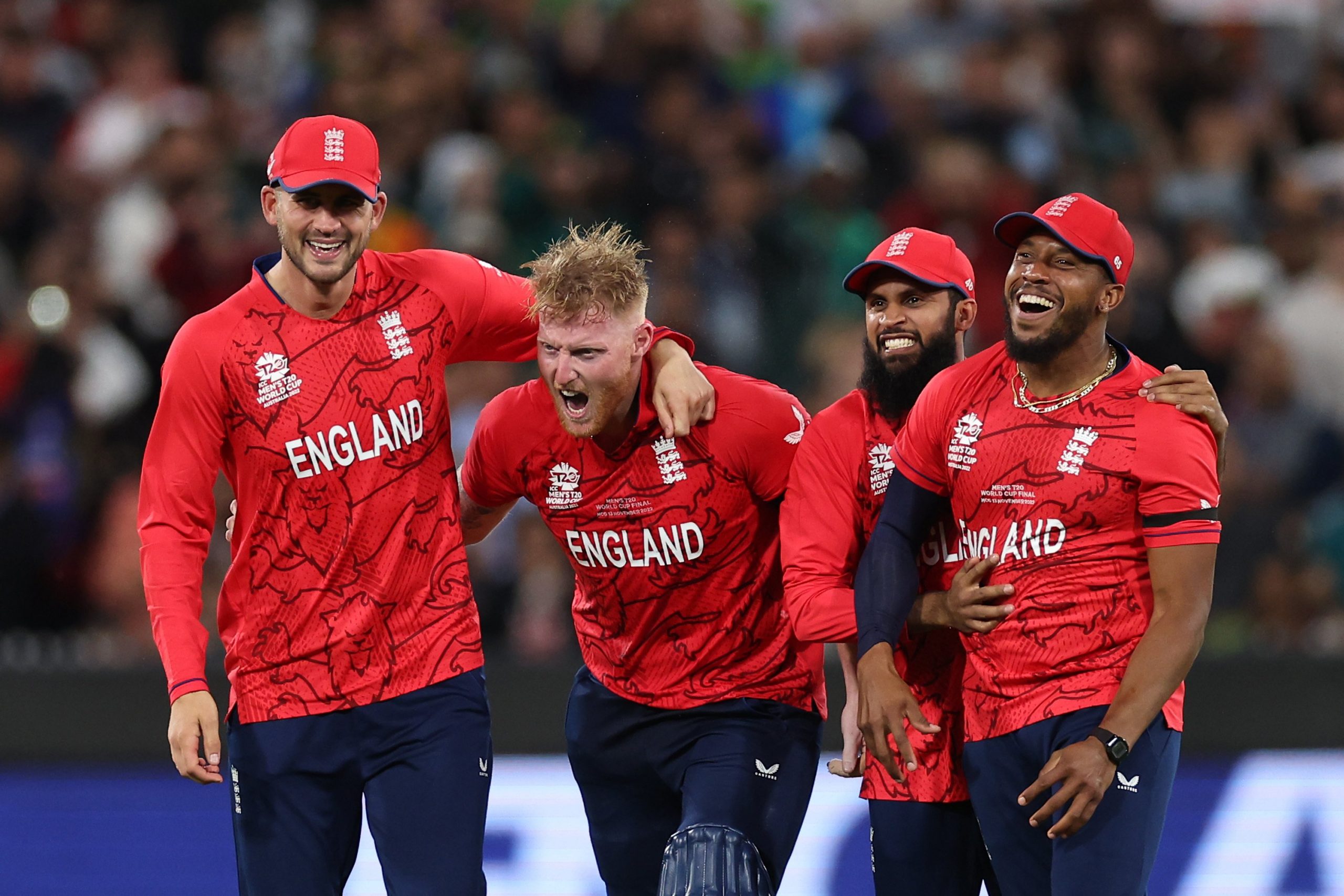 Alex Hales, Ben Stokes, Adil Rashid and Chris Jordan of England celebrate victory