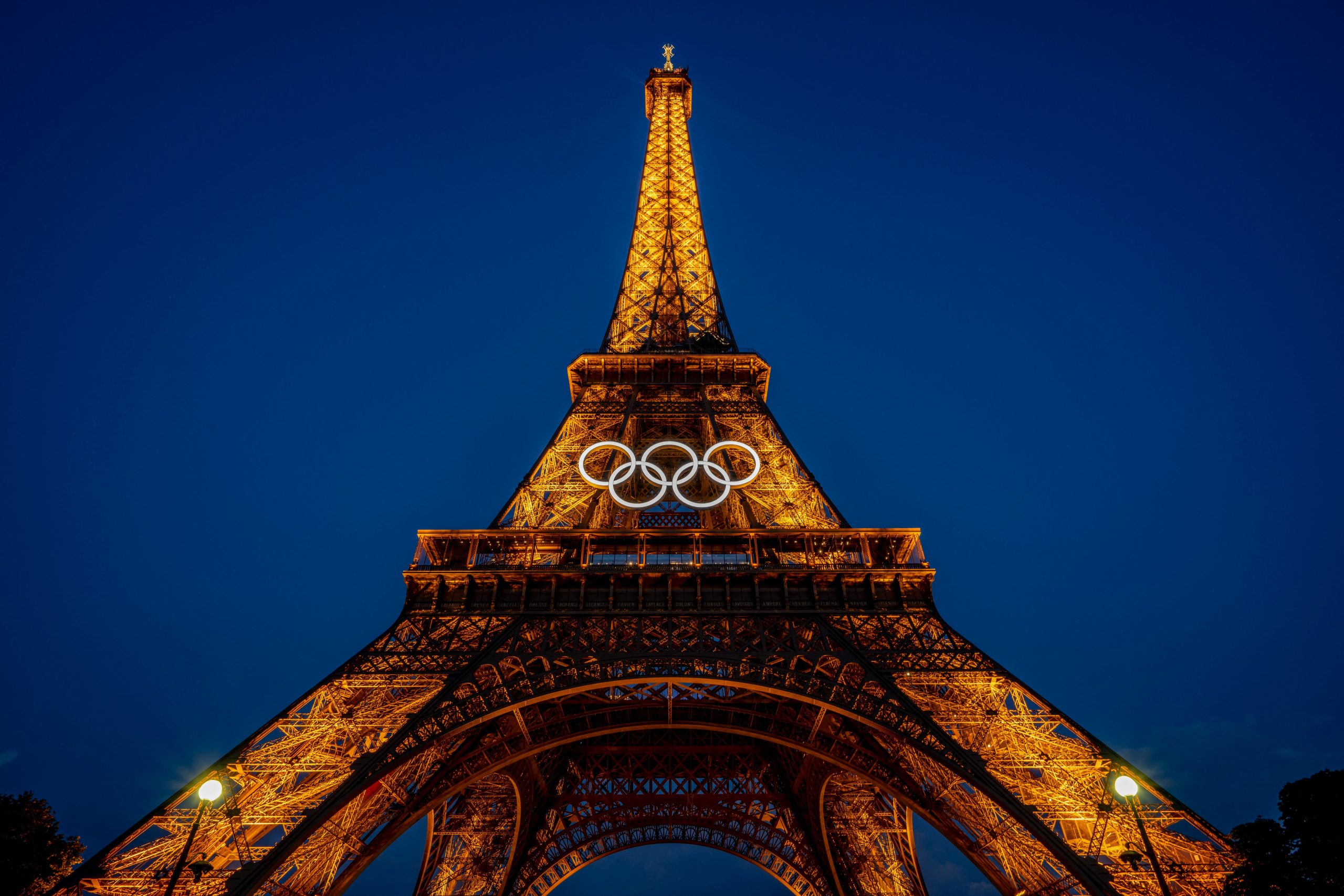 This photograph shows the Olympic rings on the Eiffel Tower