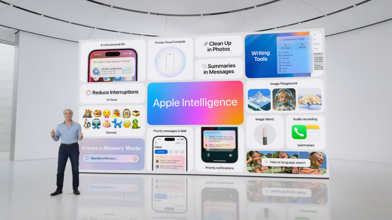 Craig Federighi standing in front of screen displaying Apple Intelligence features