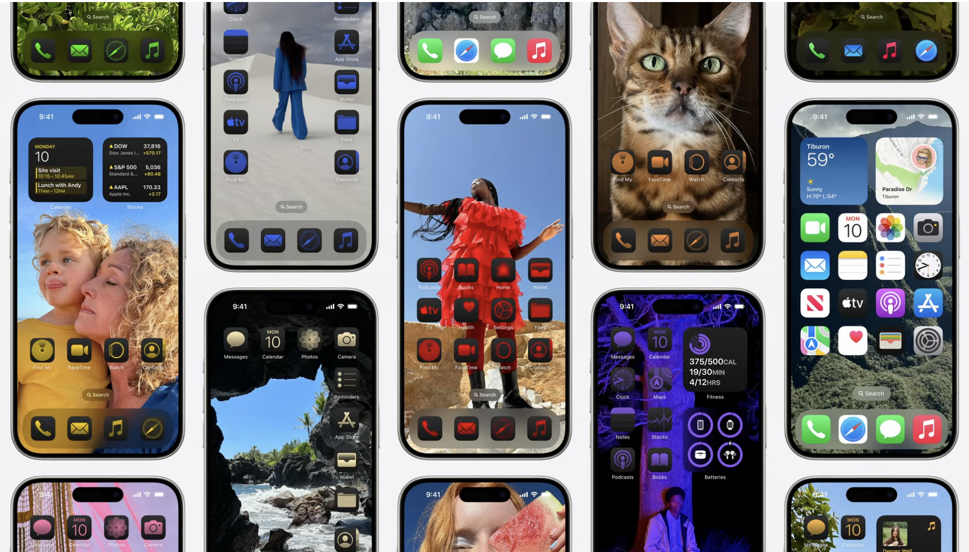 A series of iPhones collaged together to show different customized home screens.