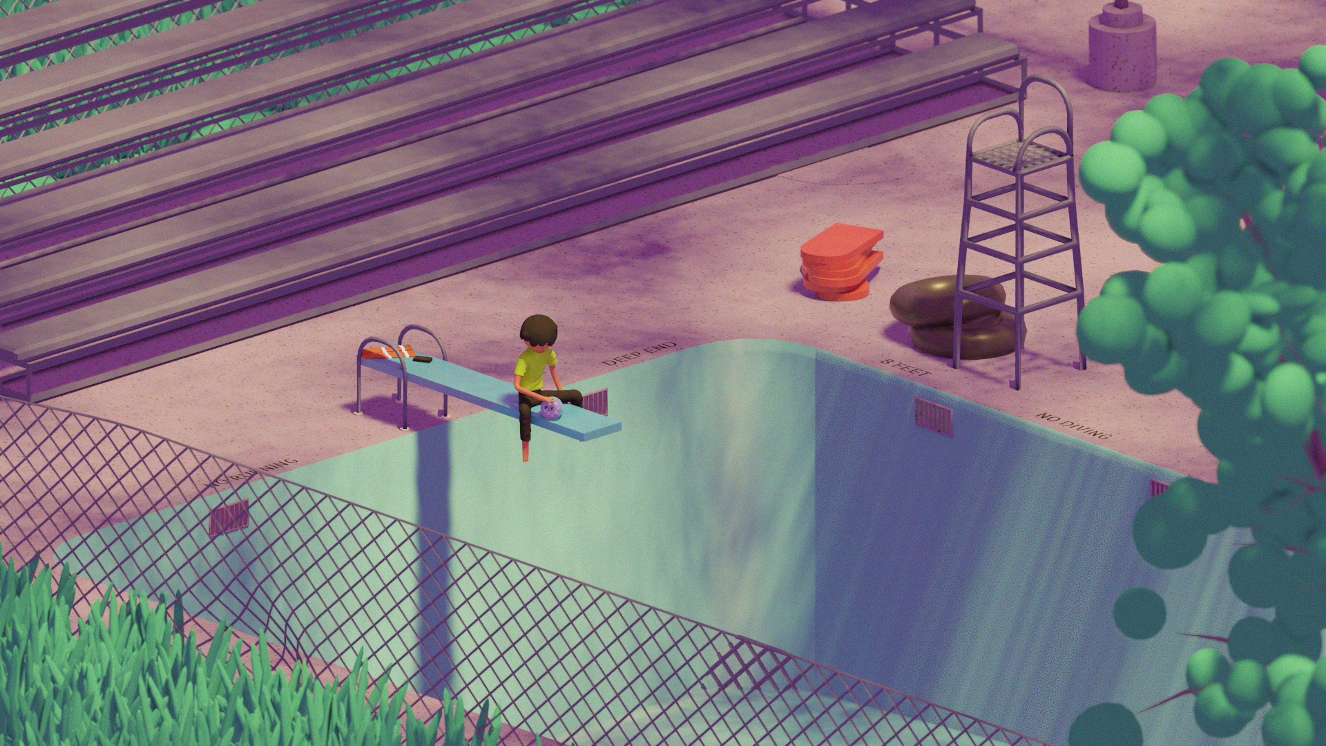 A teenage boy sits on a diving board above an empty swimming pool.