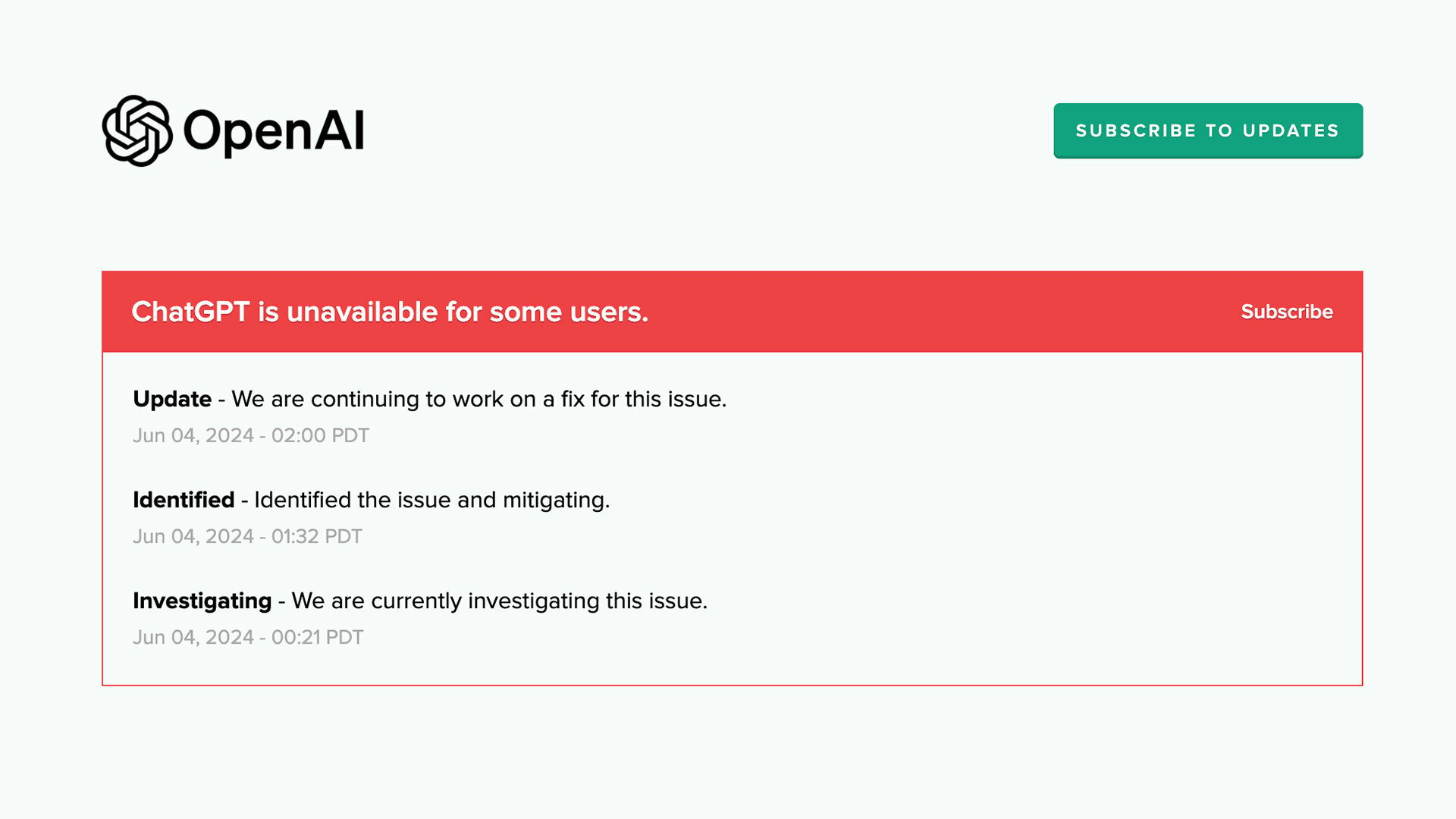 An OpenAI webpage shows some text confirming ChatGPT is currently unavailable for some users.