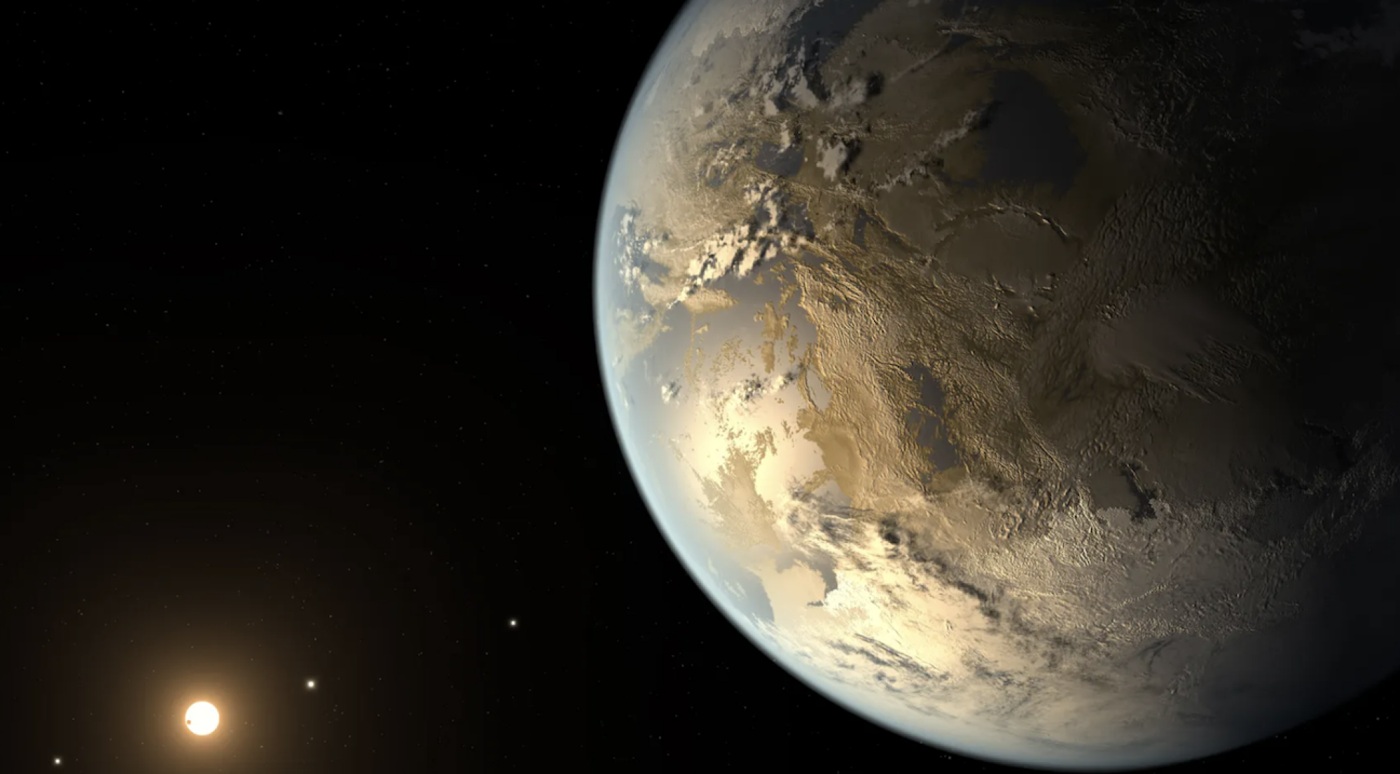 An artist's conception of the exoplanet Kepler-186f, an Earth-size world 500 light-years away orbiting in its solar system's "habitable zone," meaning it could host liquid water.