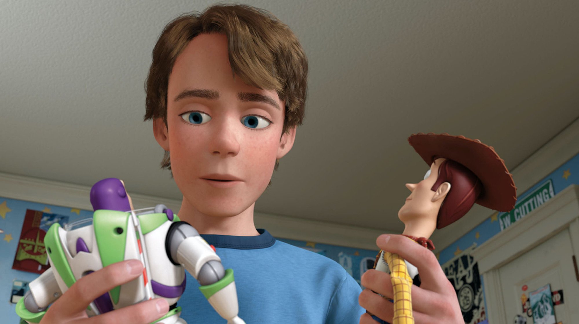 Animated still of a teen boy examining two childhood toys: A green and purple astronaut and a cowboy.