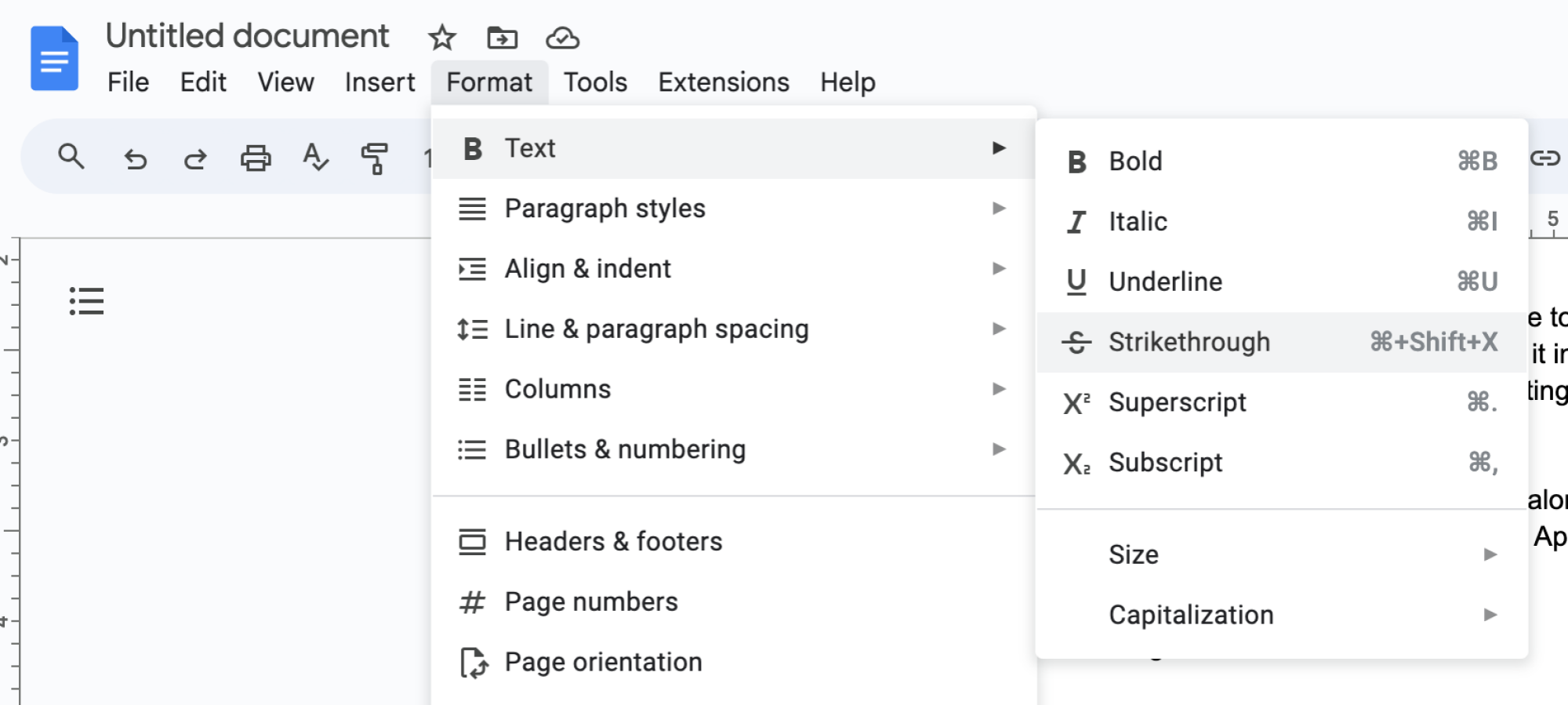 Strikethrough text in Google Docs