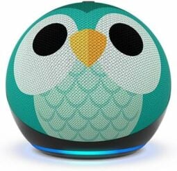 an echo dot kids speaker that depicts an owl face on a white background