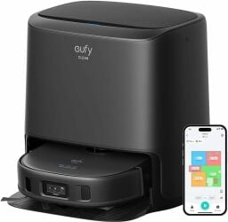 Eufy X9 Pro robot vacuum on self-empty dock and smartphone with color-coded map on screen