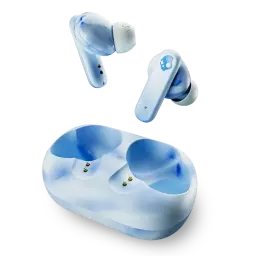 Skullcandy Ecobuds wireless earbuds with blue and white swirly pattern hovering over storage case