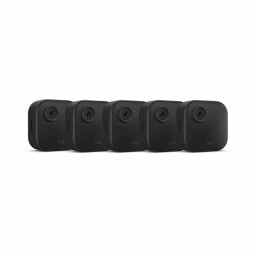 five blink outdoor camera in a row on a white background