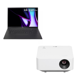 LG Gram laptop and projector on white background