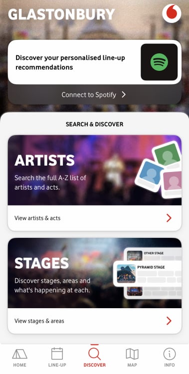 The Glastonbury Festival app showing the "Discover" tab.