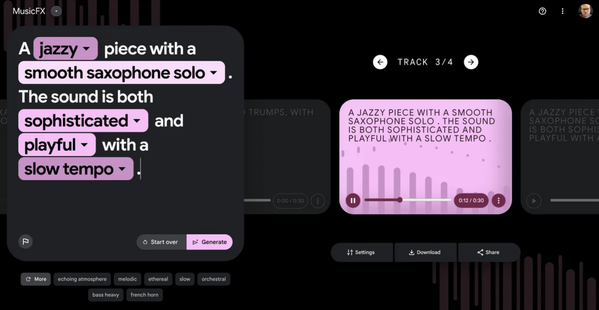 The MusicFX user interface, showing the prompt, and the options for audio playback