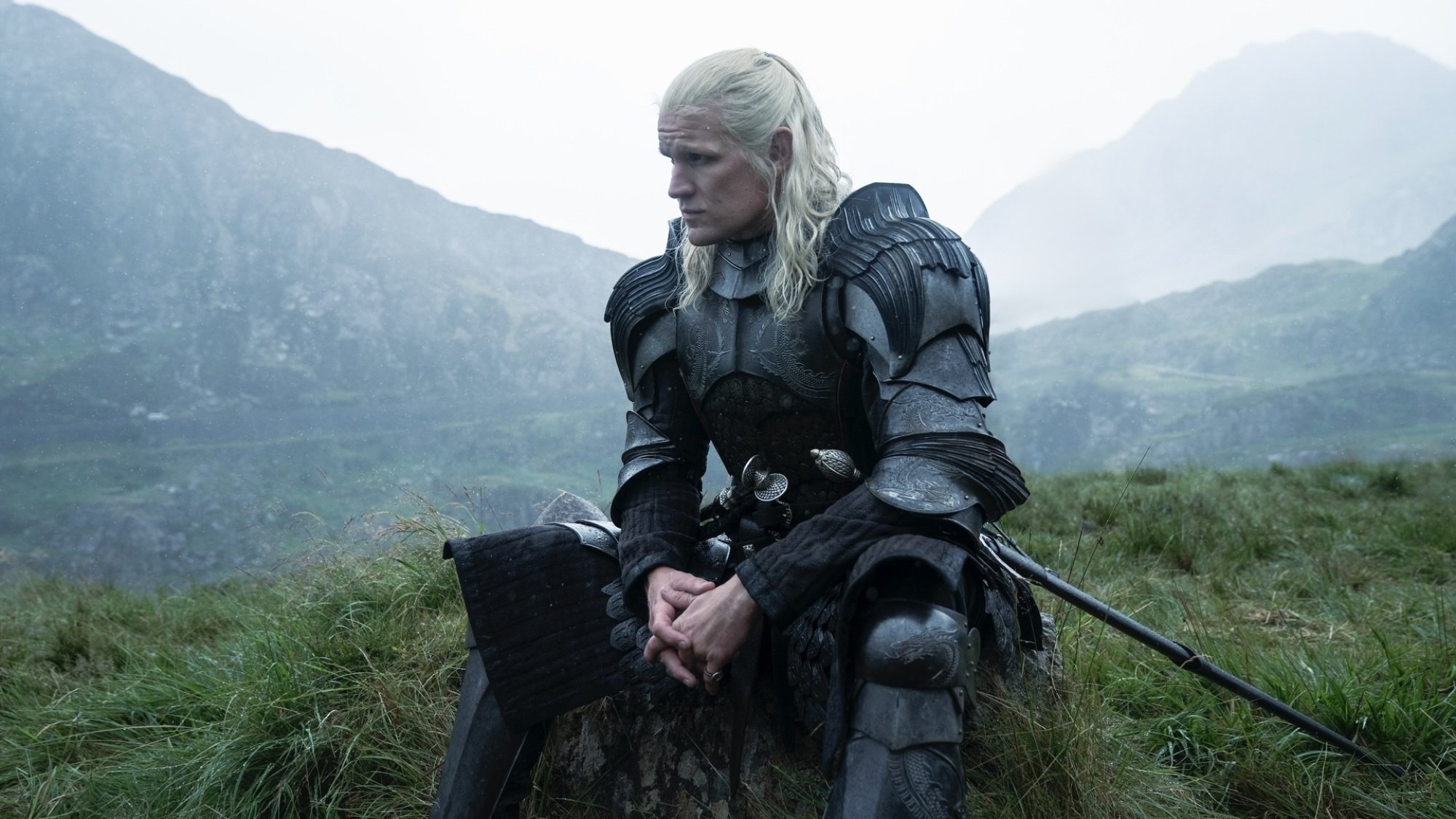 Daemon from "House of the Dragon" sits on a grassy field in armor.