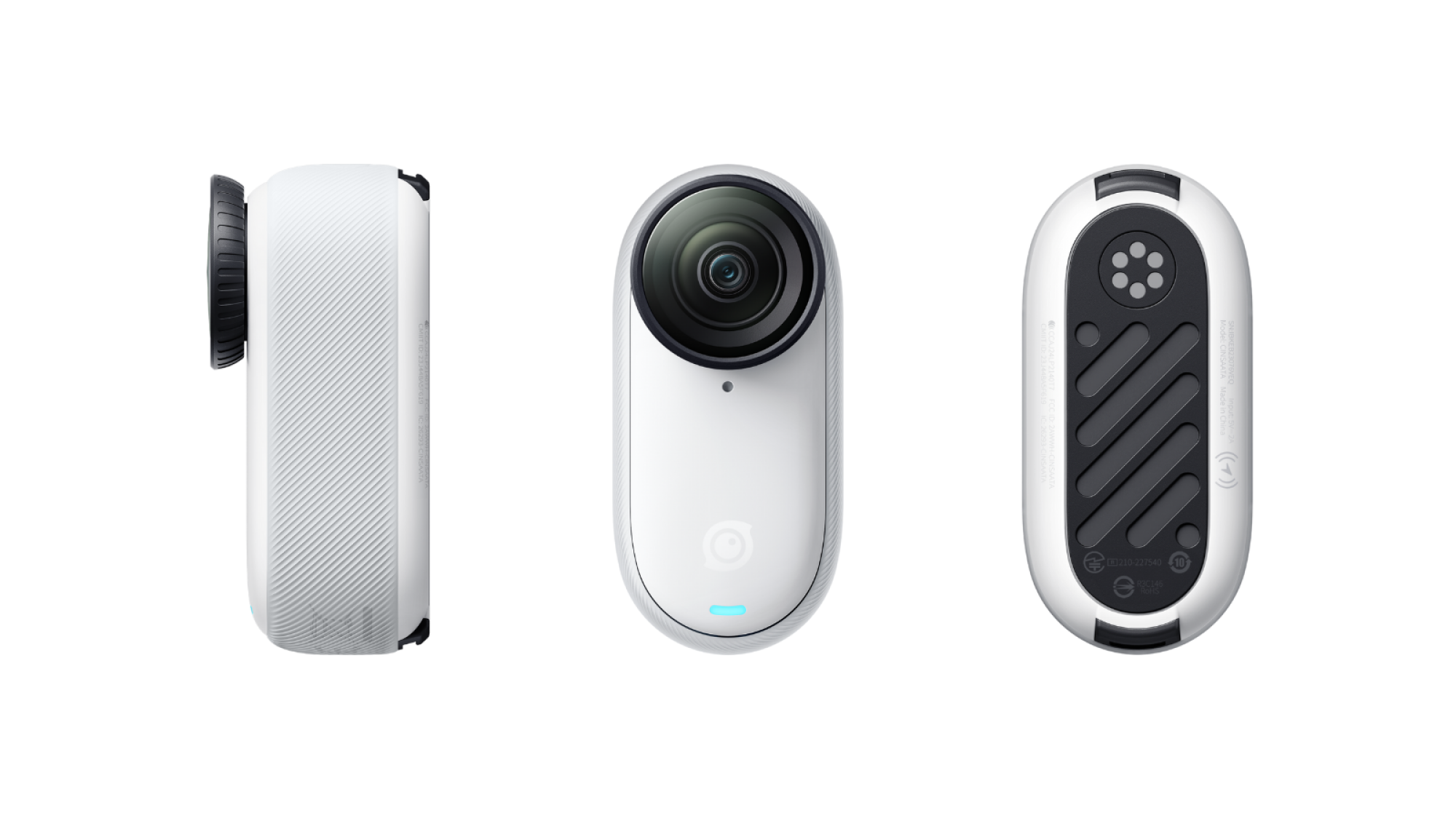 Three images of Insta360's GO 3S, showing it from the side, front, and back.