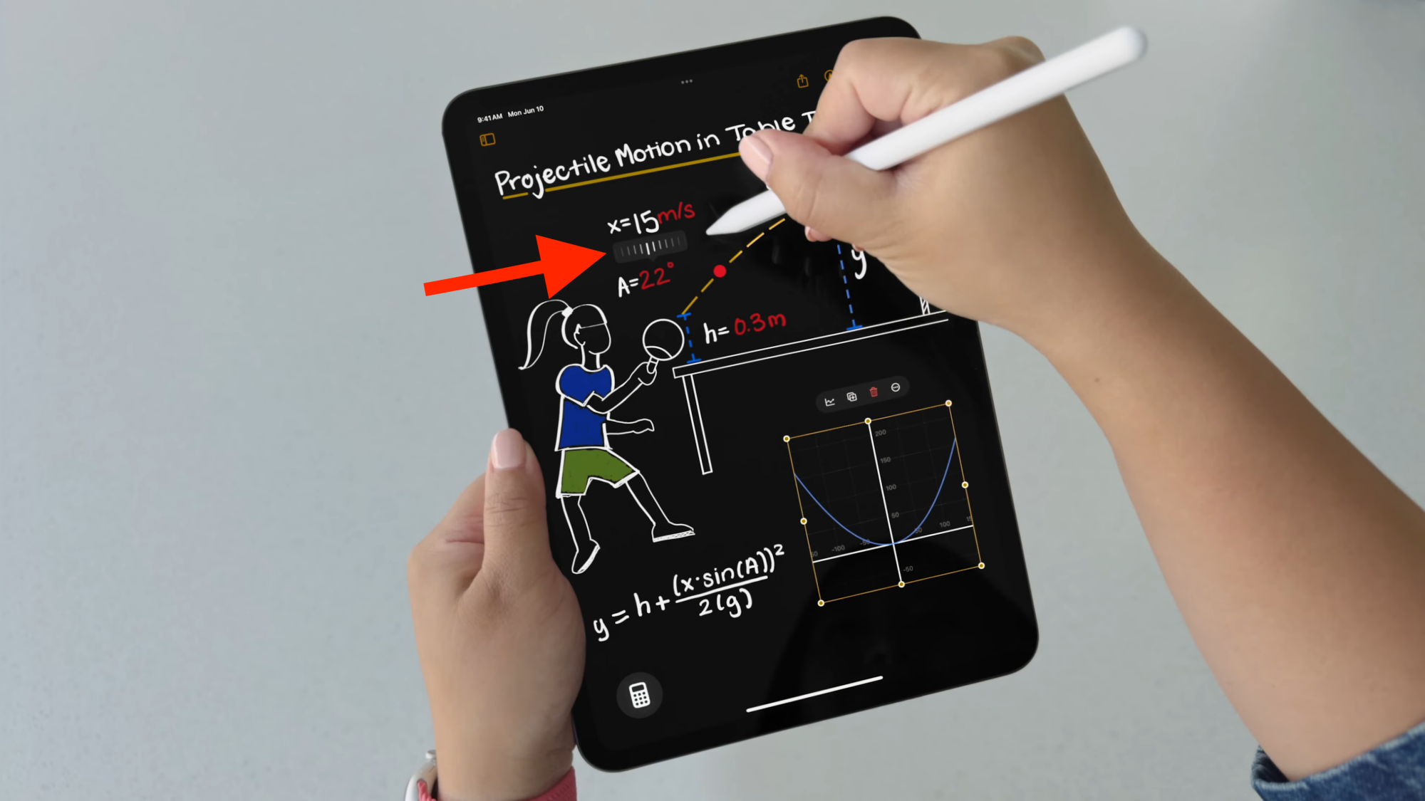 Red arrow shows adjustability dial demo shown on iPad at WWDC 2024