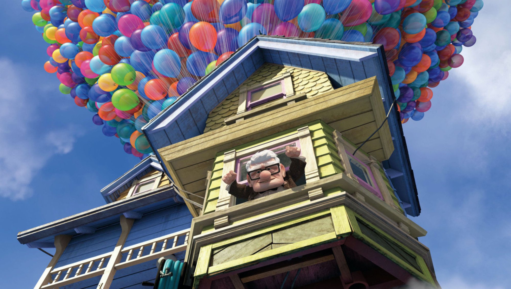 Animated still of an old man looking out the window of his house as it floats into the sky attached to hundreds of balloons.