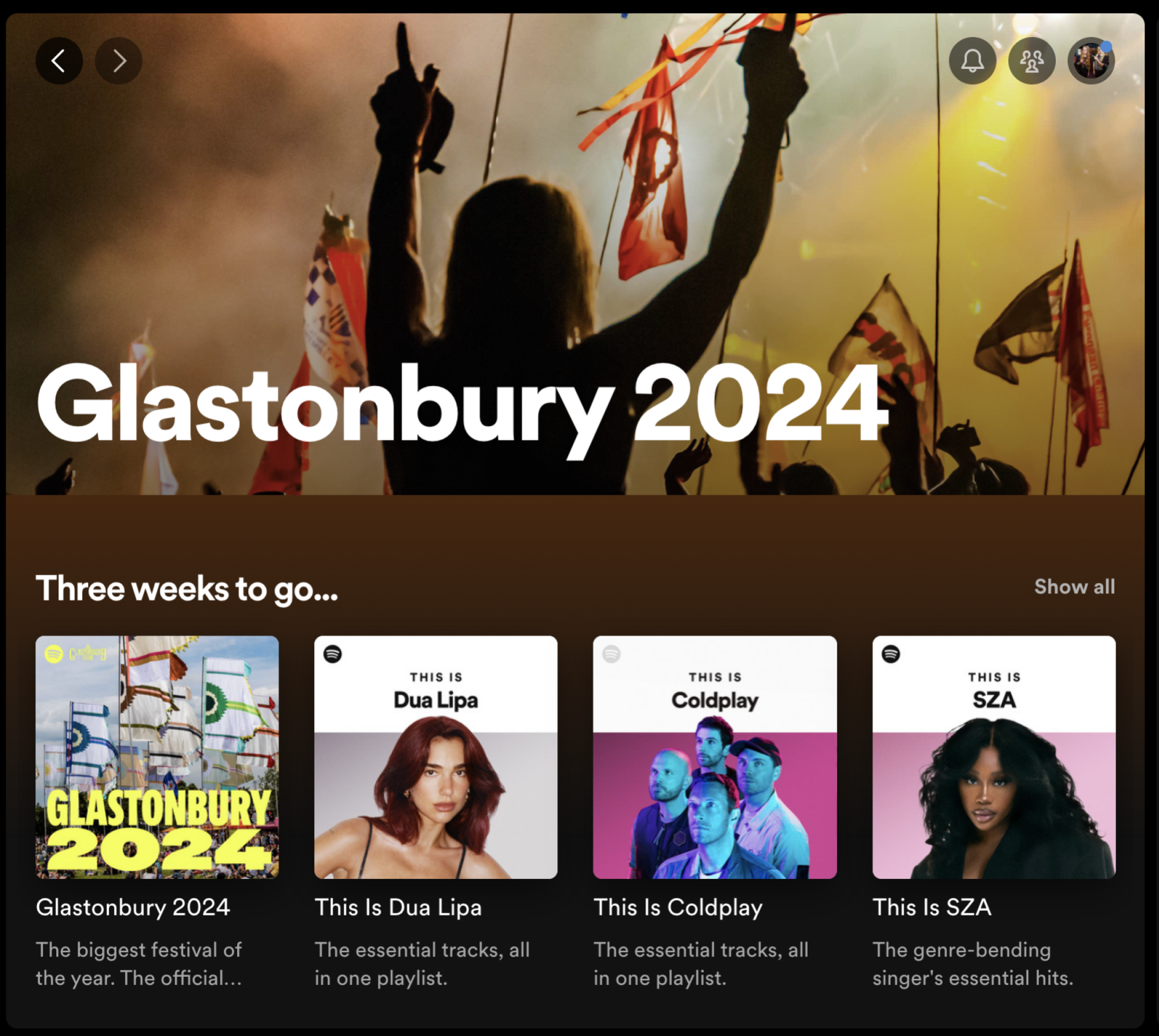 A screenshot of Spotify's Glastonbury 2024 hub. 